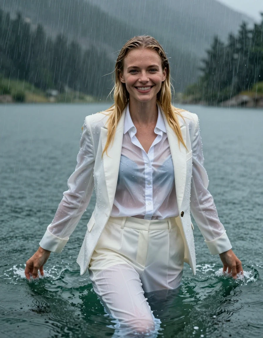 A photorealistic cinematic shot of a young adult European woman with long blonde hair styled with a side parting, looking directly into the camera with a happy expression. She is completely submerged and swimming in the deep, clear water of a mountain lake during a heavy rainstorm. She is fully clothed in a white business suit jacket over a white button-down long-sleeve business shirt and white long business trousers. The clothing is completely soaked, drenched, and clinging to her body, exhibiting realistic wetlook textures, darker tones from saturation, and translucent fabric qualities. Her skin is glistening with water, and her long hair is wet and messy, distinctly not combed back. The environment features a dramatic, heavy rain shower falling over the lake, creating ripples on the water surface and a misty atmosphere. High-detail photography, hyper-realistic water droplets, wet skin sheen, heavy fabric texture, 8k resolution, sharp focus on the subject, dramatic natural lighting.