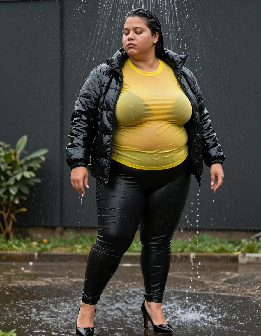 photo of young woman, in soaking wet, drenched clothes,
high heels, leather leggings, yellow transparent t-shirt, black wet shiny pvc puffer jacket, shower, 
enjoying, wet clothes stuck to body,
detailed textures of the wet clothes, wet face, wet plastered hair,
wet, drenched, professional, high-quality details, full body view.
sharp focus, ultra-high pixel detail, realistic, high-quality, full colors, incredibly detailed, 4k, 8k, 16k, hyper-realistic, RAW photo, masterpiece, ultra-detailed, professionally color graded, professional photograph, fat, ebony mature, very big boobs, wet skin, wet clothes, damp fabric, wet skin, wet clothes, damp fabric, wet skin, wet clothes, damp fabric