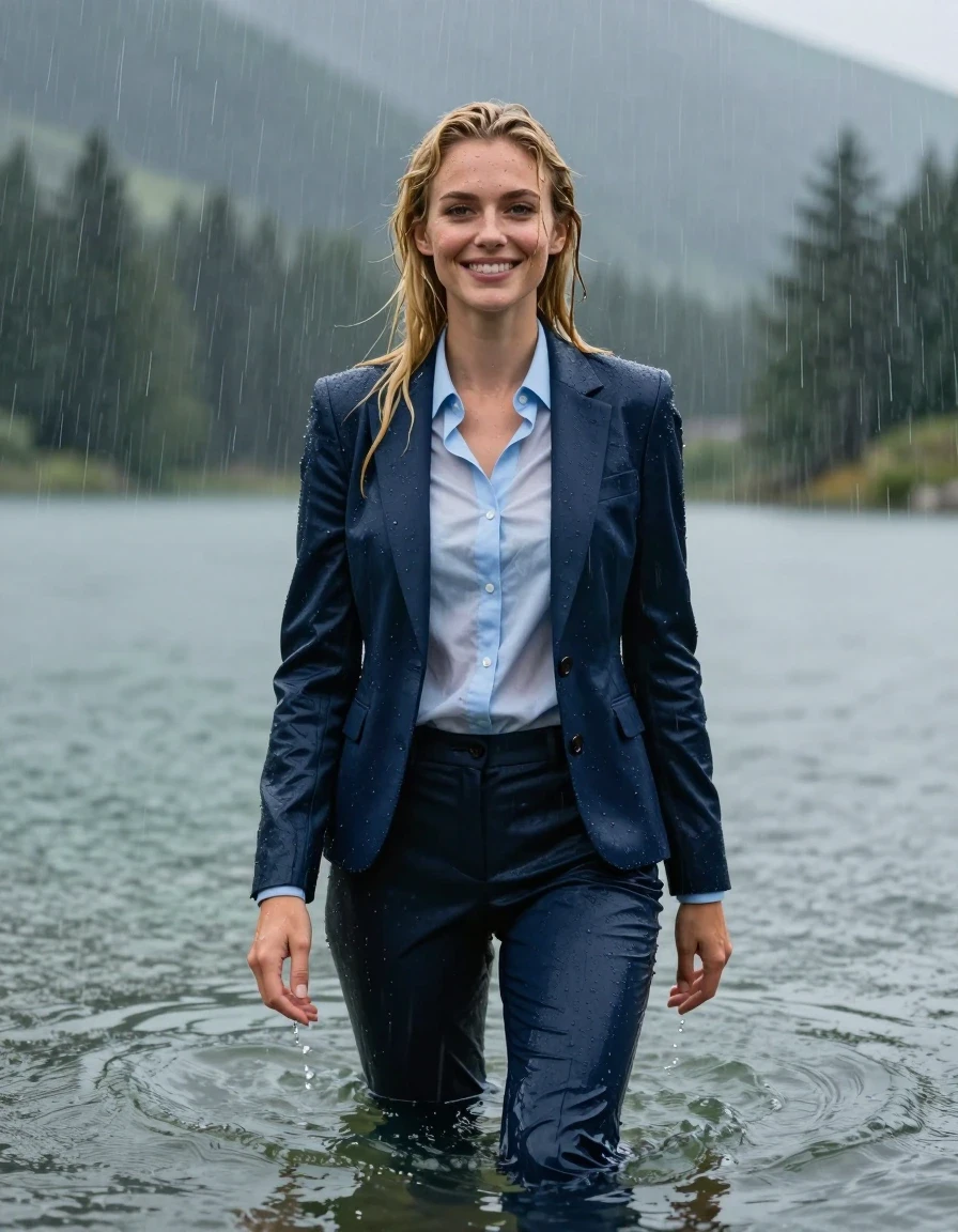 photo of young woman, in soaking wet, drenched clothes,
Dark Blue Long Business Trouser, Dark Blue Business Suit Jacket with Light Blue button down business shirt longsleeve, Clear Mountain lake with heavy rain, heavy rainstorm, 
enjoying, wet clothes stuck to body,
detailed textures of the wet clothes, wet face, wet plastered hair,
wet, drenched, professional, high-quality details, full body view.
sharp focus, ultra-high pixel detail, realistic, high-quality, full colors, incredibly detailed, 4k, 8k, 16k, hyper-realistic, RAW photo, masterpiece, ultra-detailed, professionally color graded, professional photograph, blonde girl, completely submerged, swimming in deep water, under a big rainshower, fully clothed, completely soaked, fully drenched, completely wet, wetlook, heavy rain, side parting, open long hair, rain storm, looks into camera, wet skin, wet clothes, damp fabric, clinging to body, wet skin, wet clothes, damp fabric, translucend fabric, wet skin, wet clothes, damp fabric, wet skin, wet clothes, damp fabric,  wet skin, wet clothes, damp fabric, open jacket, happy look, wet skin, wet clothes, damp fabric, wet skin, wet clothes, damp fabric
