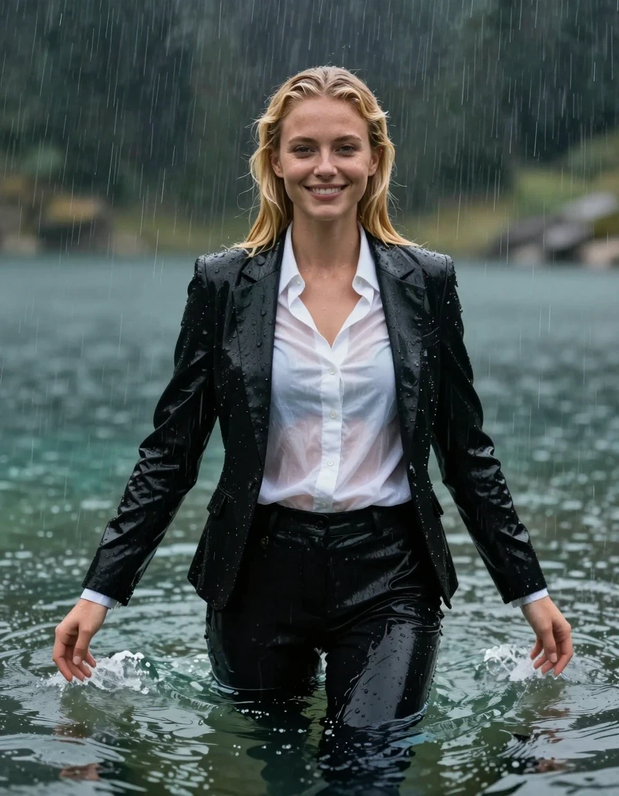 A stunning, photorealistic portrait of a young European woman with long blonde hair styled in a side parting, completely submerged while swimming in the deep, dark water of a clear mountain lake. She is fully clothed in a black business suit jacket worn open over a white long-sleeved button-down business shirt and black long business trousers. The entire outfit is completely soaked, drenched, and clinging to her body, with the fabric appearing heavy, translucent, and darkened by the water. She has a happy expression, looking directly into the camera. The scene is set during a intense rainstorm with heavy rain falling into the lake, creating ripples and water sheen on her wet skin and saturated clothing. The lighting captures the dramatic atmosphere of a storm, highlighting the wet texture of her hair and the damp, clinging fabric of the suit, high detail, cinematic lighting, 8k resolution, hyper-realistic, water droplets, wet look.