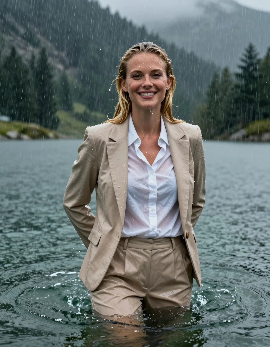 A hyper-realistic, cinematic shot of a young adult European woman with long blonde hair styled with a side parting, completely submerged while swimming in a deep, clear mountain lake during a heavy, violent rainstorm. She is fully clothed in a beige business suit jacket worn over a white button-down long-sleeve business shirt and beige long business trousers. The fabric is completely soaked, drenched, and heavy, exhibiting a realistic wetlook with dark, translucent patches that cling tightly to her body, revealing the texture of the damp fabric against her skin. Her skin and hair are glistening with water sheen, with droplets cascading down her face. She has a happy expression, looking directly into the camera with her arms crossed behind her back, partially submerged in the dark, churning lake water. The scene is illuminated by the harsh, moody light of a storm, with heavy rain visible in the air, creating a powerful atmosphere of being fully drenched in a natural environment, sharp focus, 8k resolution, highly detailed textures, photographic quality.