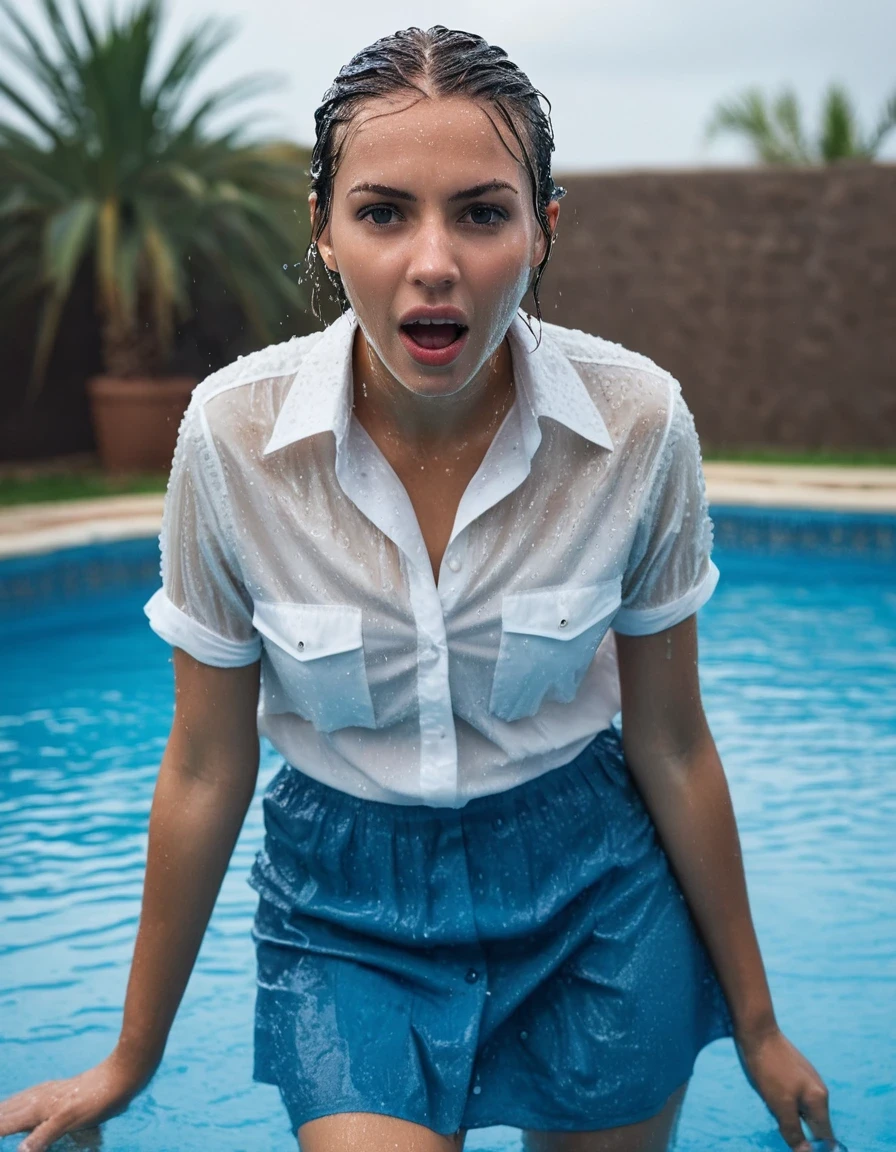 professional photo of young woman, in soaking wet, drenched clothes, wet clothes stuck to body, detailed textures of the wet clothes, wet face, wet plastered hair, wet, drenched, wet skin, damp fabric, wearing a white button blouse and a tight blue skirt, wearing heels, standing knee deep in a pool with a surprised expression, water droplets, clear pool water, soft natural light, full body view, detailed fabric texture, sharp focus, photorealistic, ultra-detailed fabric texture, realistic colors, RAW photo, professionally color graded
