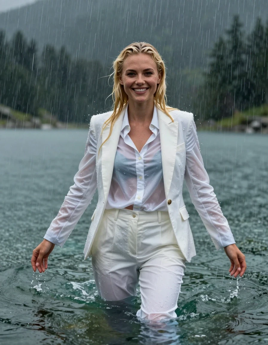 A stunning young adult European blonde woman with long hair styled in a side parting, looking directly into the camera with a happy expression. She is completely submerged and swimming in the deep, clear water of a mountain lake during a heavy, intense rainstorm. She is fully clothed in a soaked, white business suit consisting of a white long business trouser and a white business suit jacket worn open over a white long-sleeve button-down business shirt. Her clothing is completely drenched, clinging tightly to her body, with translucent, damp fabric textures and deep, dark saturation from the water. Her skin is glistening with wetness, and her hair is wet and cascading naturally, explicitly avoiding any combed-back styles. The scene is captured in high-detail photorealism, emphasizing the heavy rain falling into the lake, creating a shimmering water sheen and a dramatic, atmospheric wetlook aesthetic.