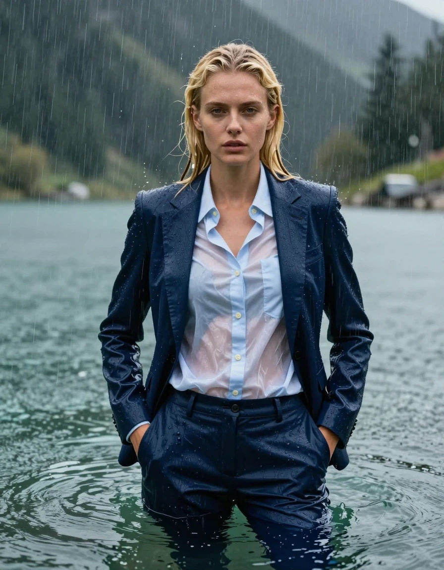 A photorealistic medium shot of a beautiful young European woman with long blonde hair styled with a side parting, completely submerged while swimming in the deep, clear water of a mountain lake during a heavy rainstorm. She is fully clothed in a dark blue business suit jacket worn open over a light blue long-sleeved button-down business shirt and dark blue long business trousers, with her hands tucked into her pockets. The clothing is completely soaked, drenched, and heavy, with the fabric clinging tightly to her body, creating a realistic wetlook with translucent textures, deep color saturation, and clinging damp folds. Her skin and hair are glistening with water sheen, and her expression is focused as she looks directly into the camera. The environment features a dramatic, heavy rain shower falling over the mountain lake, with droplets hitting the surface and creating ripples. Cinematic lighting, high-contrast, hyper-detailed textures, photographic quality, 8k resolution, sharp focus on the subject's face and wet clothing.