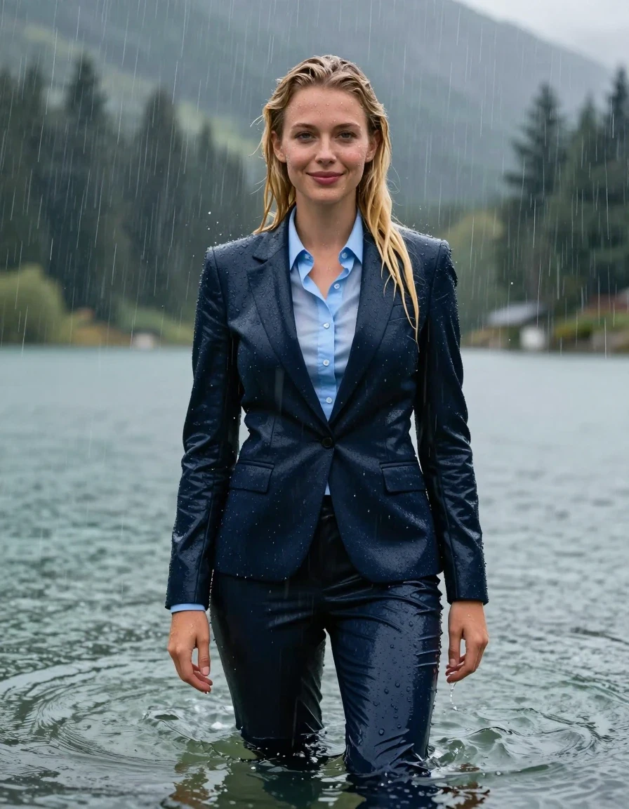 photo of young woman, in soaking wet, drenched clothes,
Dark Blue Long Business Trouser, Dark Blue Business Suit Jacket with Light Blue button down business shirt longsleeve, Clear Mountain lake with heavy rain, heavy rainstorm, 
enjoying, wet clothes stuck to body,
detailed textures of the wet clothes, wet face, wet plastered hair,
wet, drenched, professional, high-quality details, full body view.
sharp focus, ultra-high pixel detail, realistic, high-quality, full colors, incredibly detailed, 4k, 8k, 16k, hyper-realistic, RAW photo, masterpiece, ultra-detailed, professionally color graded, professional photograph, blonde girl, completely submerged, swimming in deep water, under a big rainshower, fully clothed, completely soaked, fully drenched, completely wet, wetlook, heavy rain, side parting, open long hair, rain storm, looks into camera, wet skin, wet clothes, damp fabric, clinging to body, wet skin, wet clothes, damp fabric, translucend fabric, wet skin, wet clothes, damp fabric, wet skin, wet clothes, damp fabric,  wet skin, wet clothes, damp fabric, open jacket, happy look, wet skin, wet clothes, damp fabric, wet skin, wet clothes, damp fabric