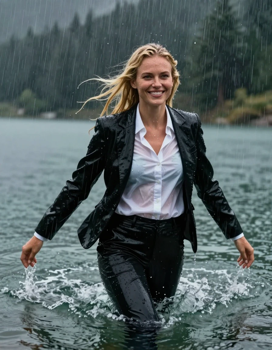 A photorealistic medium shot of a young adult European woman with blonde hair styled in a side parting, her long hair loose and flowing, not combed back. She is completely submerged and swimming in the deep, clear water of a mountain lake during a heavy, intense rainstorm. She is fully clothed in a soaked black business suit jacket worn over a white button-down long-sleeve business shirt and black long business trousers. The fabric is heavily drenched, clinging tightly to her body, appearing translucent and dark from the saturation. Her skin is glistening with a realistic wet sheen, and water droplets are visible on her face and hair. She has a happy expression, looking directly into the camera lens. The environment is dark and atmospheric, with heavy rain falling into the lake, creating ripples and dramatic splashes. High-contrast lighting, cinematic composition, hyper-detailed textures of wet fabric and skin, 8k resolution, professional photography.