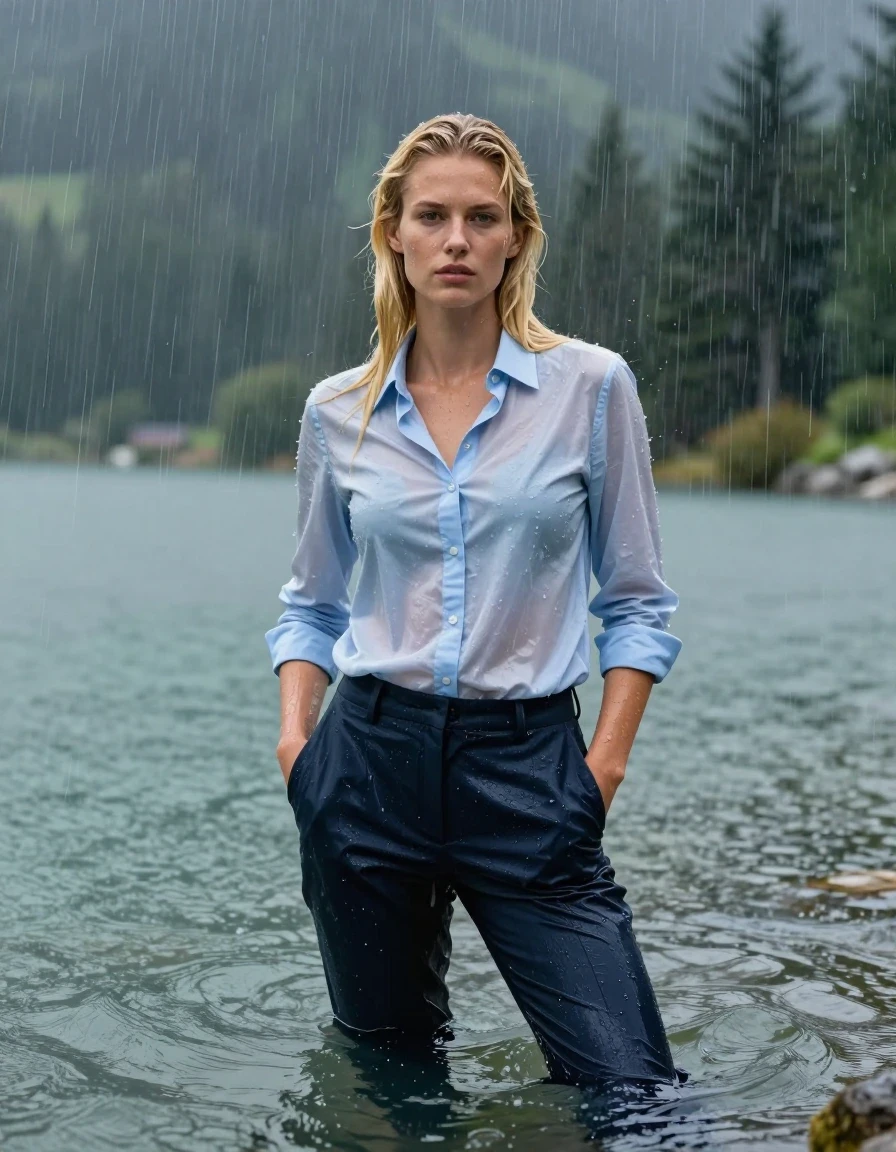 photo of young woman, in soaking wet, drenched clothes,
dark Blue Long Business Trouser, Light Blue button down business shirt longsleeve, Clear Mountain lake with heavy rain, heavy rainstorm, 
enjoying, wet clothes stuck to body,
detailed textures of the wet clothes, wet face, wet plastered hair,
wet, drenched, professional, high-quality details, full body view.
sharp focus, ultra-high pixel detail, realistic, high-quality, full colors, incredibly detailed, 4k, 8k, 16k, hyper-realistic, RAW photo, masterpiece, ultra-detailed, professionally color graded, professional photograph, 20 year young blonde girl, completely submerged, swimming in deep water, under a big rainshower, fully clothed, completely soaked, fully drenched, completely wet, wetlook, heavy rain, side parting, long hair, rain storm, looks into camera, wet skin, wet clothes, damp fabric, clinging to body, wet skin, wet clothes, damp fabric, wet skin, wet clothes, damp fabric, wet skin, wet clothes, damp fabric, translucend fabric,, wet skin, wet clothes, damp fabric, hands in pocket, wet skin, wet clothes, damp fabric