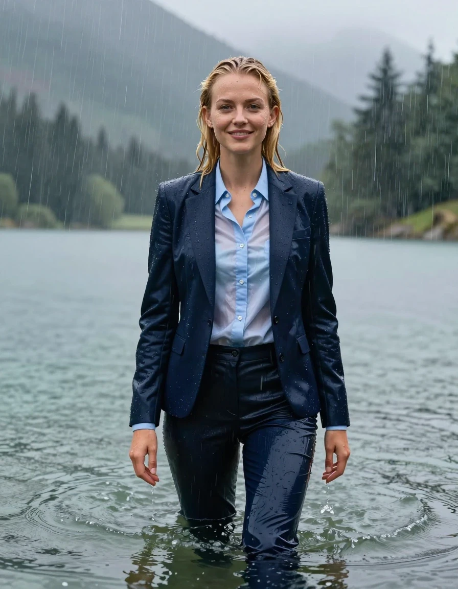 photo of young woman, in soaking wet, drenched clothes,
Dark Blue Long Business Trouser, Dark Blue Business Suit Jacket with Light Blue button down business shirt longsleeve, Clear Mountain lake with heavy rain, heavy rainstorm, 
enjoying, wet clothes stuck to body,
detailed textures of the wet clothes, wet face, wet plastered hair,
wet, drenched, professional, high-quality details, full body view.
sharp focus, ultra-high pixel detail, realistic, high-quality, full colors, incredibly detailed, 4k, 8k, 16k, hyper-realistic, RAW photo, masterpiece, ultra-detailed, professionally color graded, professional photograph, blonde girl, completely submerged, swimming in deep water, under a big rainshower, fully clothed, completely soaked, fully drenched, completely wet, wetlook, heavy rain, side parting, open long hair, rain storm, looks into camera, wet skin, wet clothes, damp fabric, clinging to body, wet skin, wet clothes, damp fabric, translucend fabric, wet skin, wet clothes, damp fabric, wet skin, wet clothes, damp fabric,  wet skin, wet clothes, damp fabric, open jacket, happy look, wet skin, wet clothes, damp fabric, wet skin, wet clothes, damp fabric