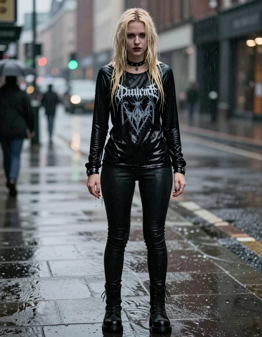 photo of young woman, in soaking wet, drenched clothes,
goth boots, tight black pants, black longsleeve with band logo, city, 
enjoying, wet clothes stuck to body,
detailed textures of the wet clothes, wet face, wet plastered hair,
wet, drenched, professional, high-quality details, full body view.
sharp focus, ultra-high pixel detail, realistic, high-quality, full colors, incredibly detailed, 4k, 8k, 16k, hyper-realistic, RAW photo, masterpiece, ultra-detailed, professionally color graded, professional photograph, A photorealistic portrait of a beautiful young adult European metalhead woman with long blonde hair, standing in a rainy city street. She is completely drenched, with water droplets clinging to her skin and her hair matted and heavy with moisture. She is wearing a black longsleeve shirt featuring a weathered band logo, the fabric visibly dripping wet and glossy, and clinging to her body, paired with  loose black pants that  is dripping wet and glossy. She is wearing heavy goth boots, a leather collar, and metal bracelets. The atmosphere is moody and cinematic, with the rain creating a reflective, shimmering surface on the city pavement. Sharp focus, 8k resolution, highly detailed texture on fabric and skin, dramatic street lighting, hyper-realistic water effects., wet skin, wet clothes, damp fabric