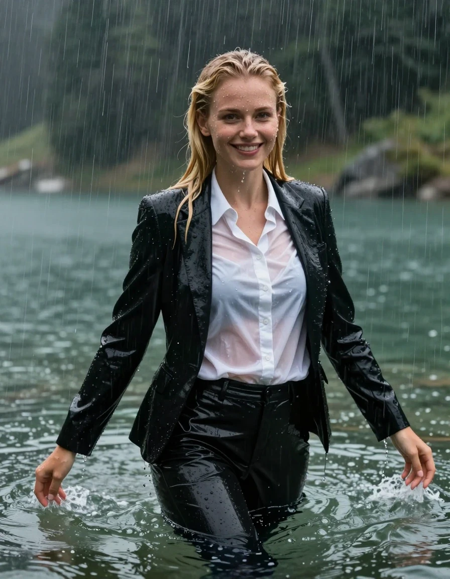 A stunning, photorealistic portrait of a young European woman with long blonde hair styled in a side parting, completely submerged while swimming deep in a clear mountain lake during a heavy rainstorm. She is fully clothed in a black business suit jacket worn open over a white button-down long-sleeve business shirt and black long business trousers. Her clothes are completely soaked, drenched, and heavy with water, with the fabric clinging tightly to her body and showing translucent, damp textures. Her skin and hair have a distinct wetlook sheen, with water droplets streaming down her face. She has a happy, vibrant expression while looking directly into the camera lens. The environment is dark and atmospheric, characterized by a massive downpour, rain rippling the surface of the lake, and deep, moody underwater lighting. High-detail photography, sharp focus on the wet skin and fabric textures, cinematic composition.