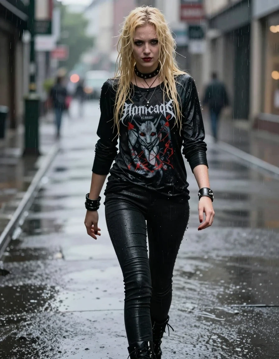 A photorealistic portrait of a beautiful young adult European metalhead woman with long blonde hair, standing in a rainy city street. She is completely drenched, with water droplets clinging to her skin and her hair matted and heavy with moisture. She is wearing a black longsleeve shirt featuring a weathered band logo, the fabric visibly soaked, darkened, and clinging to her body, paired with tight black pants that have a wet sheen. She is wearing heavy goth boots, a leather collar, and metal bracelets. The atmosphere is moody and cinematic, with the rain creating a reflective, shimmering surface on the city pavement. Sharp focus, 8k resolution, highly detailed texture on fabric and skin, dramatic street lighting, hyper-realistic water effects.