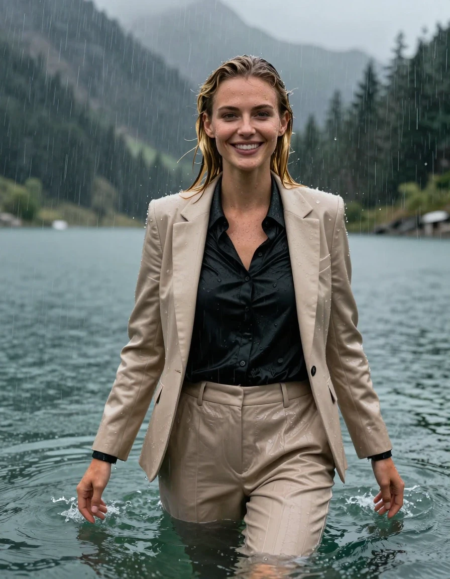 A stunning, hyper-realistic portrait of a young adult European woman with long blonde hair styled in a side parting, completely submerged while swimming in a deep, clear mountain lake during a torrential rainstorm. She is fully clothed in a beige business suit jacket worn open over a black button-down long-sleeve shirt and beige long business trousers. Every element is visibly drenched, with the fabric heavily soaked, darkened, and clinging tightly to her body, revealing translucent textures and realistic folds. Her skin has a glistening wet sheen, and her hair is slicked down by the heavy rain. She maintains a happy expression while looking directly into the camera. The setting features a dramatic, dark, and moody mountain lake landscape with visible raindrops splashing on the water surface, atmospheric heavy rain, cinematic lighting, high-resolution textures, 8k, photorealistic, intricate detail on wet fabric and skin.
