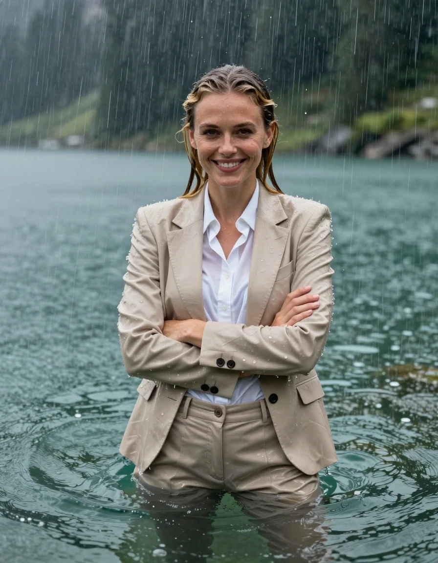A photorealistic portrait of a young adult European woman with blonde hair in a side parting, completely submerged while swimming in a deep, clear mountain lake during a heavy rainstorm. She is fully clothed in a soaked beige business suit jacket worn open over a white long-sleeved button-down business shirt and beige long business trousers. Her clothes are completely drenched, clinging to her body with damp fabric and translucent textures. She has wet skin, wet hair, and a visible water sheen, with a happy expression while looking directly into the camera with her arms crossed. The scene is set under a massive rainshower with heavy rain droplets hitting the water surface. Cinematic lighting, high-speed photography, hyper-detailed wet textures, sharp focus, 8k resolution, realistic water physics.