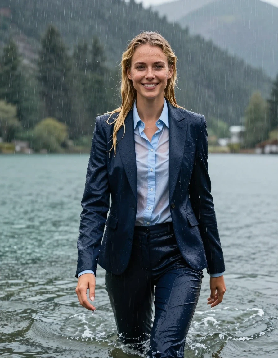 photo of young woman, in soaking wet, drenched clothes,
Dark Blue Long Business Trouser, Dark Blue Business Suit Jacket with Light Blue button down business shirt longsleeve, Clear Mountain lake with heavy rain, heavy rainstorm, 
enjoying, wet clothes stuck to body,
detailed textures of the wet clothes, wet face, wet plastered hair,
wet, drenched, professional, high-quality details, full body view.
sharp focus, ultra-high pixel detail, realistic, high-quality, full colors, incredibly detailed, 4k, 8k, 16k, hyper-realistic, RAW photo, masterpiece, ultra-detailed, professionally color graded, professional photograph, blonde girl, completely submerged, swimming in deep water, under a big rainshower, fully clothed, completely soaked, fully drenched, completely wet, wetlook, heavy rain, side parting, open long hair, rain storm, looks into camera, wet skin, wet clothes, damp fabric, clinging to body, wet skin, wet clothes, damp fabric, translucend fabric, wet skin, wet clothes, damp fabric, wet skin, wet clothes, damp fabric,  wet skin, wet clothes, damp fabric, open jacket, happy look, wet skin, wet clothes, damp fabric, wet skin, wet clothes, damp fabric