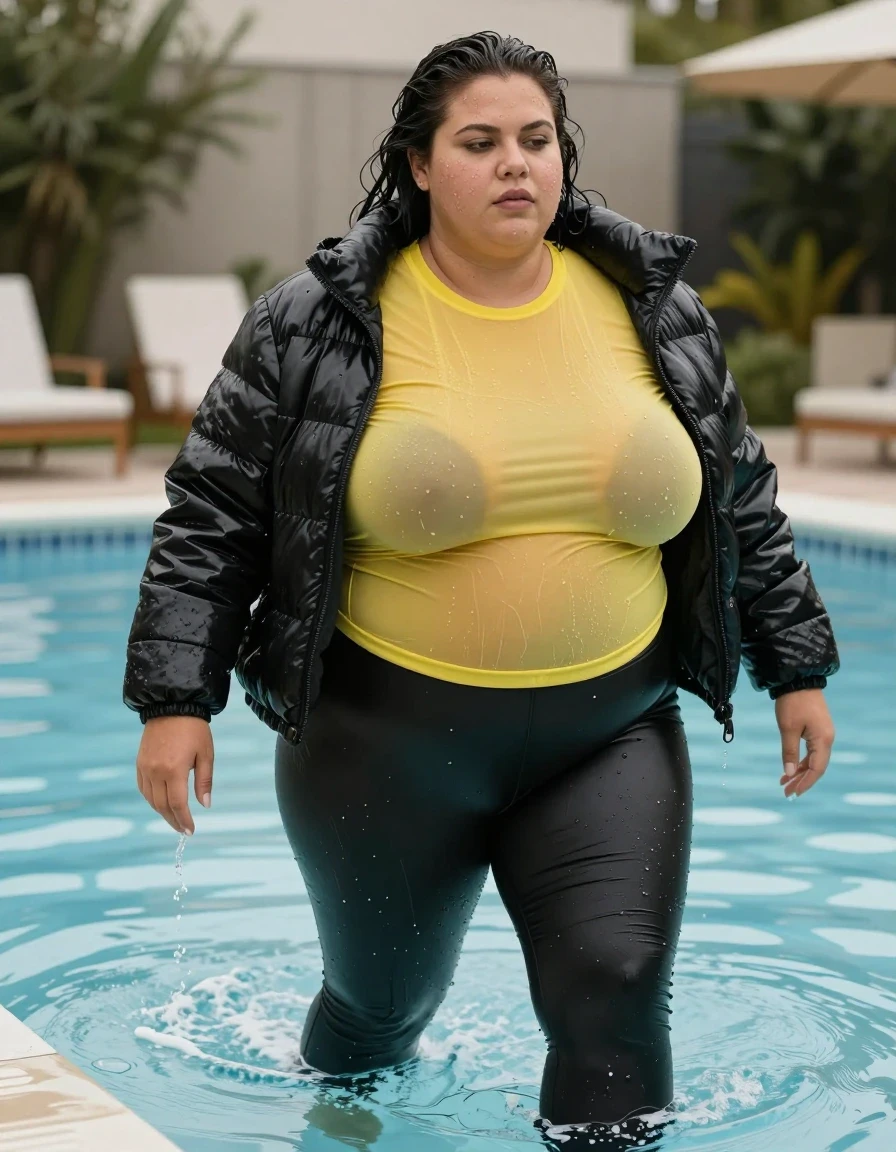 photo of young woman, in soaking wet, drenched clothes,
high heels, leather leggings, yellow transparent t-shirt, black wet shiny pvc puffer jacket, pool, 
enjoying, wet clothes stuck to body,
detailed textures of the wet clothes, wet face, wet plastered hair,
wet, drenched, professional, high-quality details, full body view.
sharp focus, ultra-high pixel detail, realistic, high-quality, full colors, incredibly detailed, 4k, 8k, 16k, hyper-realistic, RAW photo, masterpiece, ultra-detailed, professionally color graded, professional photograph, fat, ebony mature, very big boobs, wet skin, wet clothes, damp fabric, wet skin, wet clothes, damp fabric, wet skin, wet clothes, damp fabric