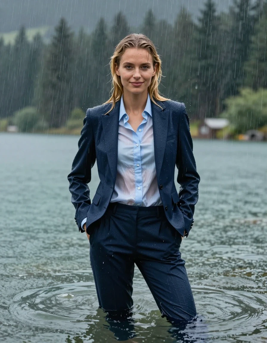 photo of young woman, in soaking wet, drenched clothes,
dark Blue Long Business Trouser, Dark Blue Business Suit Jacket with Light Blue button down business shirt longsleeve, Clear Mountain lake with heavy rain, heavy rainstorm, 
enjoying, wet clothes stuck to body,
detailed textures of the wet clothes, wet face, wet plastered hair,
wet, drenched, professional, high-quality details, full body view.
sharp focus, ultra-high pixel detail, realistic, high-quality, full colors, incredibly detailed, 4k, 8k, 16k, hyper-realistic, RAW photo, masterpiece, ultra-detailed, professionally color graded, professional photograph, 20 year young blonde girl, completely submerged, swimming in deep water, under a big rainshower, fully clothed, completely soaked, fully drenched, completely wet, wetlook, heavy rain, side parting, long hair, rain storm, looks into camera, wet skin, wet clothes, damp fabric, clinging to body, wet skin, wet clothes, damp fabric, wet skin, wet clothes, damp fabric, wet skin, wet clothes, damp fabric, translucend fabric,, wet skin, wet clothes, damp fabric, hands in pocket, smiles shyly, open jacket, wet skin, wet clothes, damp fabric