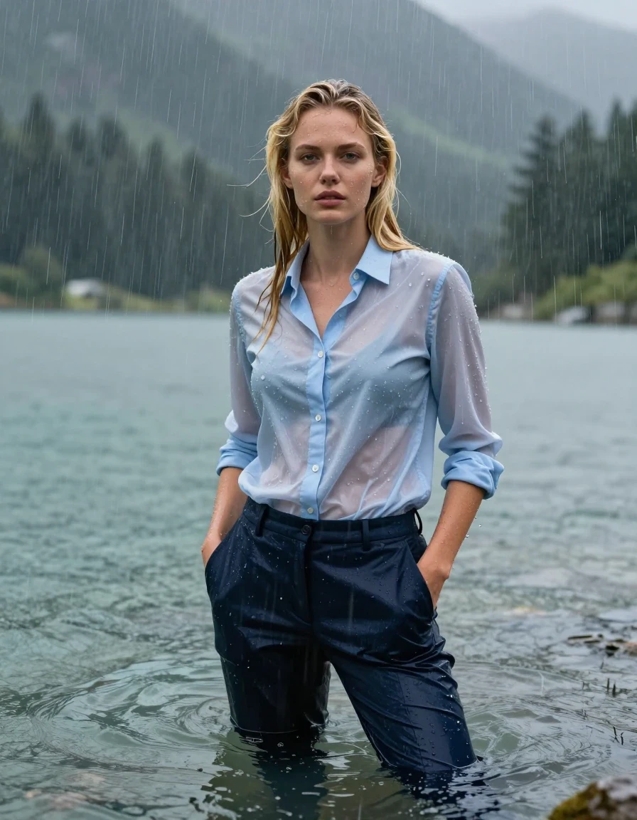 photo of young woman, in soaking wet, drenched clothes,
dark Blue Long Business Trouser, Light Blue button down business shirt longsleeve, Clear Mountain lake with heavy rain, heavy rainstorm, 
enjoying, wet clothes stuck to body,
detailed textures of the wet clothes, wet face, wet plastered hair,
wet, drenched, professional, high-quality details, full body view.
sharp focus, ultra-high pixel detail, realistic, high-quality, full colors, incredibly detailed, 4k, 8k, 16k, hyper-realistic, RAW photo, masterpiece, ultra-detailed, professionally color graded, professional photograph, 20 year young blonde girl, completely submerged, swimming in deep water, under a big rainshower, fully clothed, completely soaked, fully drenched, completely wet, wetlook, heavy rain, side parting, long hair, rain storm, looks into camera, wet skin, wet clothes, damp fabric, clinging to body, wet skin, wet clothes, damp fabric, wet skin, wet clothes, damp fabric, wet skin, wet clothes, damp fabric, translucend fabric,, wet skin, wet clothes, damp fabric, hands in pocket, wet skin, wet clothes, damp fabric