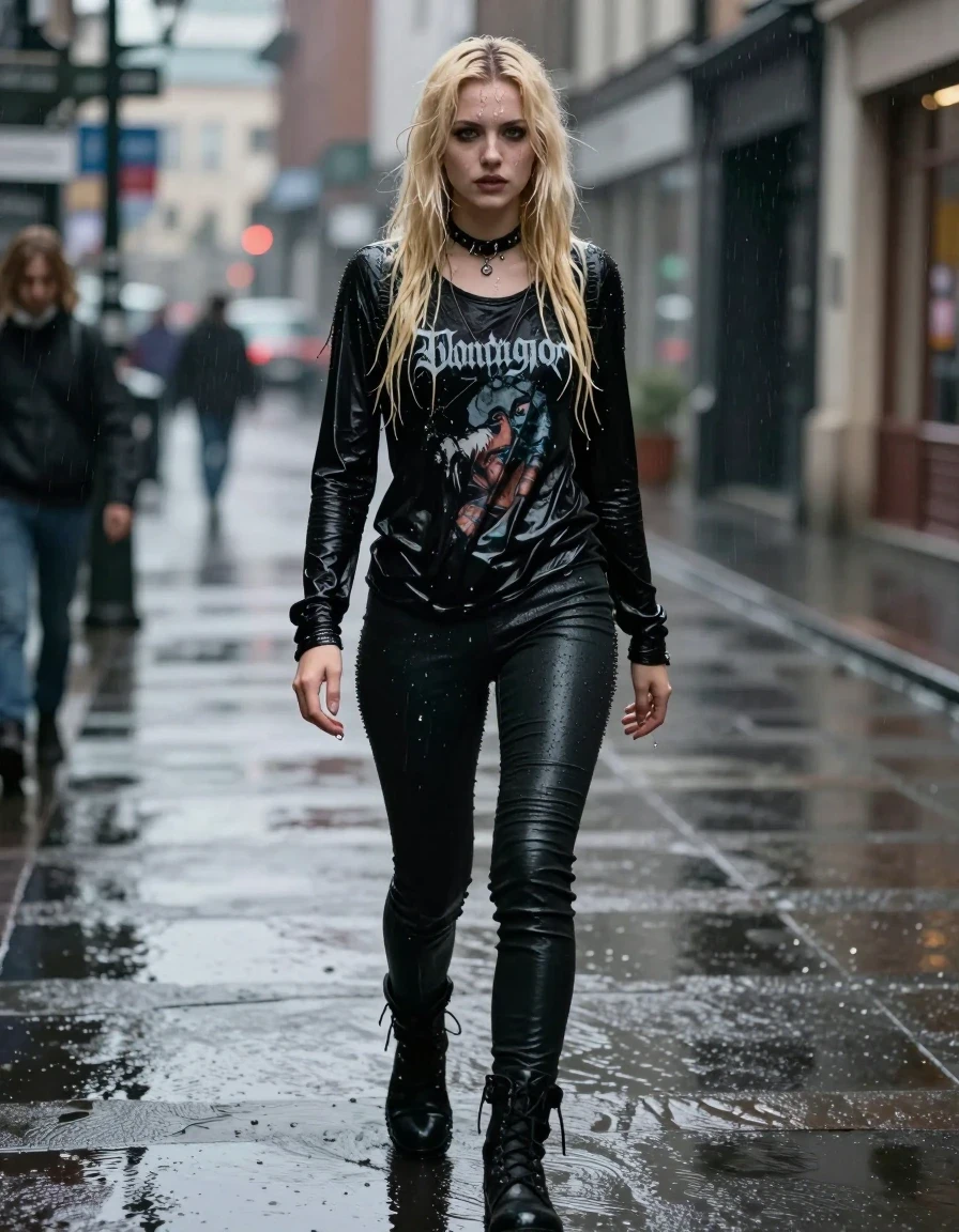 photo of young woman, in soaking wet, drenched clothes,
goth boots, tight black pants, black longsleeve with band logo, city, 
enjoying, wet clothes stuck to body,
detailed textures of the wet clothes, wet face, wet plastered hair,
wet, drenched, professional, high-quality details, full body view.
sharp focus, ultra-high pixel detail, realistic, high-quality, full colors, incredibly detailed, 4k, 8k, 16k, hyper-realistic, RAW photo, masterpiece, ultra-detailed, professionally color graded, professional photograph, A photorealistic portrait of a beautiful young woman with long blonde hair, standing in a rainy city street. She is completely drenched, with water droplets clinging to her skin and her hair matted and heavy with moisture. She is wearing a black longsleeve shirt featuring a weathered band logo, the fabric visibly dripping wet and glossy, and clinging to her body, paired with  loose black pants that  is dripping wet and glossy. She is wearing heavy goth boots, a leather collar, and metal bracelets. The atmosphere is moody and cinematic, with the rain creating a reflective, shimmering surface on the city pavement. Sharp focus, 8k resolution, highly detailed texture on fabric and skin, dramatic street lighting, hyper-realistic water effects., wet skin, wet clothes, damp fabric