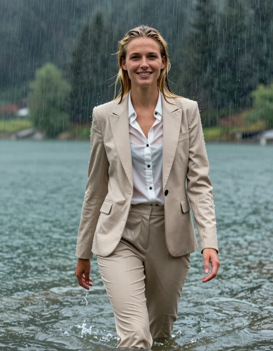 photo of young woman, in soaking wet, drenched clothes,
beige Long Business Trouser, Beige Business Suit Jacket with black button down business shirt longsleeve, Clear Mountain lake with heavy rain, heavy rainstorm, 
enjoying, wet clothes stuck to body,
detailed textures of the wet clothes, wet face, wet plastered hair,
wet, drenched, professional, high-quality details, full body view.
sharp focus, ultra-high pixel detail, realistic, high-quality, full colors, incredibly detailed, 4k, 8k, 16k, hyper-realistic, RAW photo, masterpiece, ultra-detailed, professionally color graded, professional photograph, blonde girl, completely submerged, swimming in deep water, under a big rainshower, fully clothed, completely soaked, fully drenched, completely wet, wetlook, heavy rain, side parting, long hair, rain storm, looks into camera, wet skin, wet clothes, damp fabric, clinging to body, wet skin, wet clothes, damp fabric, wet skin, wet clothes, damp fabric, wet skin, wet clothes, damp fabric, translucend fabric,, wet skin, wet clothes, damp fabric, open jacket, happy look, wet skin, wet clothes, damp fabric