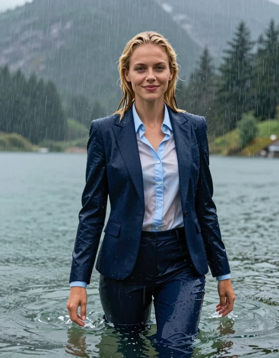 photo of young woman, in soaking wet, drenched clothes,
Dark Blue Long Business Trouser, Dark Blue Business Suit Jacket with Light Blue button down business shirt longsleeve, Clear Mountain lake with heavy rain, heavy rainstorm, 
enjoying, wet clothes stuck to body,
detailed textures of the wet clothes, wet face, wet plastered hair,
wet, drenched, professional, high-quality details, full body view.
sharp focus, ultra-high pixel detail, realistic, high-quality, full colors, incredibly detailed, 4k, 8k, 16k, hyper-realistic, RAW photo, masterpiece, ultra-detailed, professionally color graded, professional photograph, blonde girl, completely submerged, swimming in deep water, under a big rainshower, fully clothed, completely soaked, fully drenched, completely wet, wetlook, heavy rain, side parting, open long hair, rain storm, looks into camera, wet skin, wet clothes, damp fabric, clinging to body, wet skin, wet clothes, damp fabric, translucend fabric, wet skin, wet clothes, damp fabric, wet skin, wet clothes, damp fabric,  wet skin, wet clothes, damp fabric, open jacket, happy look, wet skin, wet clothes, damp fabric, wet skin, wet clothes, damp fabric