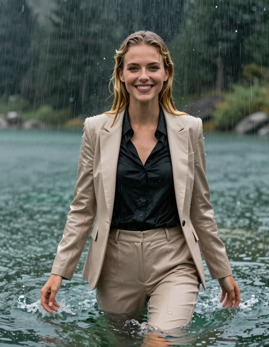 A stunning, photorealistic portrait of a young European woman with long blonde hair styled in a side parting, completely submerged while swimming in a deep, clear mountain lake during a heavy, torrential rainstorm. She is wearing a beige business suit jacket left open over a black button-down business shirt with long sleeves, paired with matching beige long business trousers. Her entire ensemble is completely soaked, drenched, and saturated with water, with the fabric becoming translucent and clinging tightly to her skin and body, highlighting the wet texture and damp folds. Her skin has a realistic wet sheen, and her hair is plastered to her face and shoulders by the intense rain. She looks directly into the camera with a happy, radiant expression. The environment is dark and atmospheric, filled with heavy rain droplets hitting the water surface. Shot with high-speed photography to capture the motion of the rain, sharp focus on the subject, cinematic lighting, hyper-detailed wet skin and fabric textures, 8k resolution, professional photography.