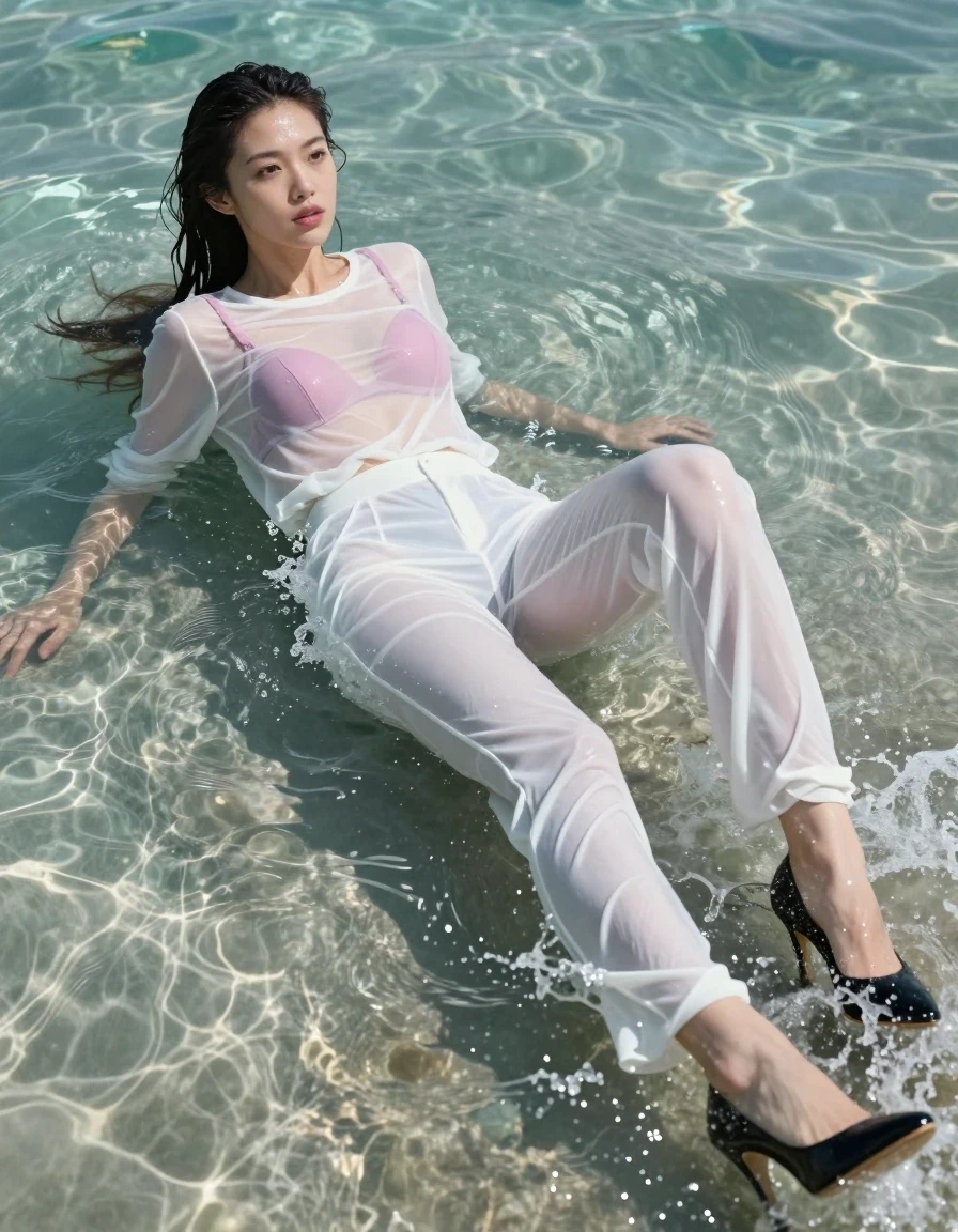 A photorealistic, high-detail shot of a young adult European woman lying in the shallow, crystalline sea water. She is wearing white, long, tight-fitting pants that are completely soaked, translucent, and clinging to her legs, paired with a pink bra underneath a sheer white top, with the distinct, darkened outline of the pink bra clearly visible through the wet fabric of the shirt. She is wearing elegant black high heels that are partially submerged in the water. Her skin and hair are glistening with wetness, and her clothing shows realistic heavy, soaked textures and folds. The scene captures the dynamic motion of waves splashing over her, with water droplets and sea spray captured in sharp detail. The lighting is bright and natural, highlighting the sheen on her wet skin and the clinging fabric. Cinematic composition, 8k resolution, professional photography, hyper-realistic wet look.