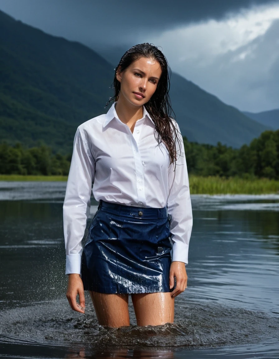 professional photo of young woman, in soaking wet, drenched clothes, wet clothes stuck to body, detailed textures of the wet clothes, wet face, wet plastered hair, wet, drenched, wet skin, damp fabric, brunette, side parting, open long hair, wearing a white button down business shirt and a dark blue knee length business skirt, wet cotton texture, absorbed water, soaked tailored fabric, clinging to body, translucent fabric, happy look, looks into camera, knee deep in clear mountain lake, heavy rainstorm, big rainshower, storm atmosphere, full body view, sharp focus, photorealistic, ultra-detailed fabric texture, realistic colors, RAW photo, professionally color graded