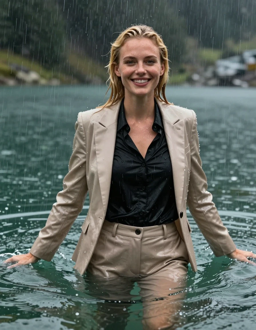 A photorealistic portrait of a young adult European woman with blonde hair in a side parting, completely submerged while swimming in a deep, clear mountain lake during a heavy rainstorm. She is wearing a beige business suit jacket left open over a black long-sleeved button-down business shirt and beige long business trousers. Her clothes are completely soaked, drenched, and heavy with water, with the damp fabric clinging tightly to her body and becoming translucent. Her skin is glistening with a wet sheen, and her long hair is dripping wet. She is captured looking directly into the camera with a happy expression. The environment is dark and atmospheric, with heavy rain falling into the lake, creating ripples and water splashes. High-detail photography, hyper-realistic wetlook, sharp focus on facial features, cinematic lighting reflecting off wet surfaces, 8k resolution, professional color grading.