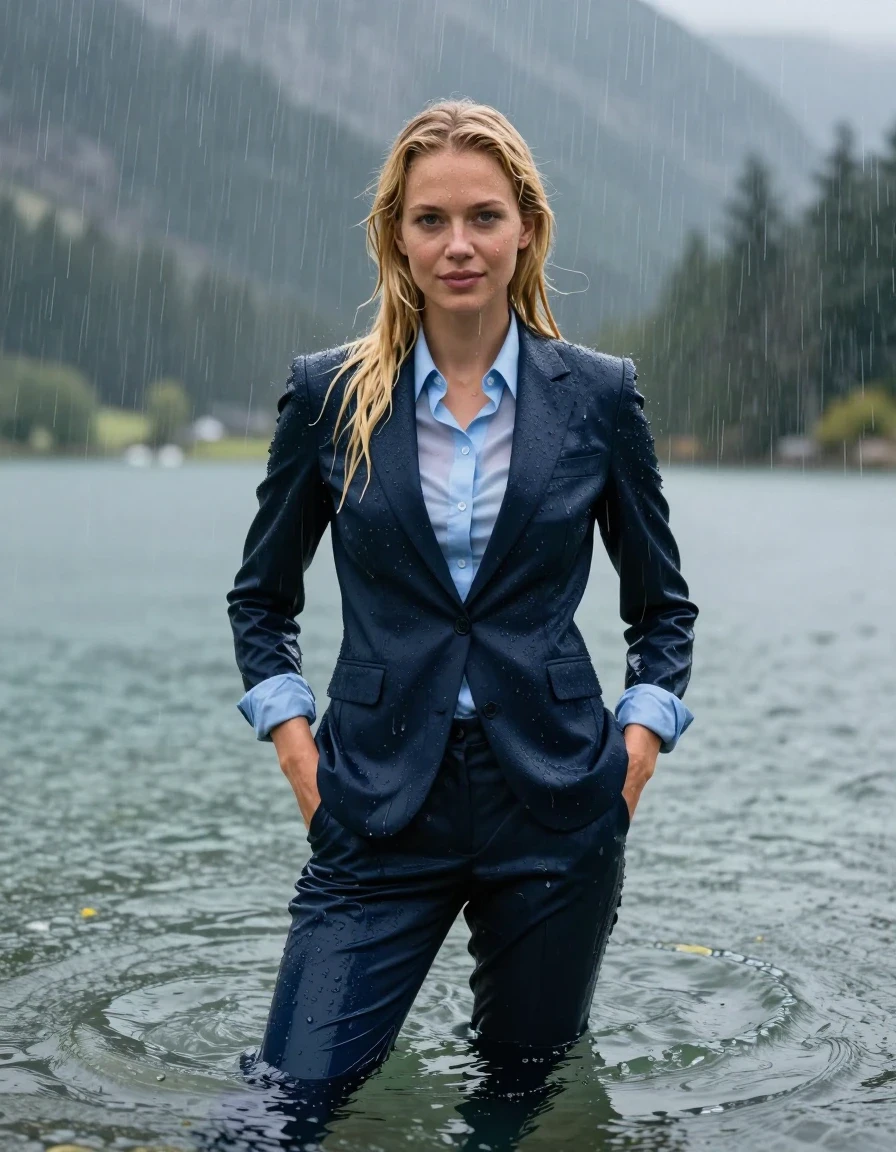 photo of young woman, in soaking wet, drenched clothes,
dark Blue Long Business Trouser, Dark Blue Business Suit Jacket with Light Blue button down business shirt longsleeve, Clear Mountain lake with heavy rain, heavy rainstorm, 
enjoying, wet clothes stuck to body,
detailed textures of the wet clothes, wet face, wet plastered hair,
wet, drenched, professional, high-quality details, full body view.
sharp focus, ultra-high pixel detail, realistic, high-quality, full colors, incredibly detailed, 4k, 8k, 16k, hyper-realistic, RAW photo, masterpiece, ultra-detailed, professionally color graded, professional photograph, 20 year young blonde girl, completely submerged, swimming in deep water, under a big rainshower, fully clothed, completely soaked, fully drenched, completely wet, wetlook, heavy rain, side parting, long hair, rain storm, looks into camera, wet skin, wet clothes, damp fabric, clinging to body, wet skin, wet clothes, damp fabric, wet skin, wet clothes, damp fabric, wet skin, wet clothes, damp fabric, translucend fabric,, wet skin, wet clothes, damp fabric, hands in pocket, smiles shyly, wet skin, wet clothes, damp fabric