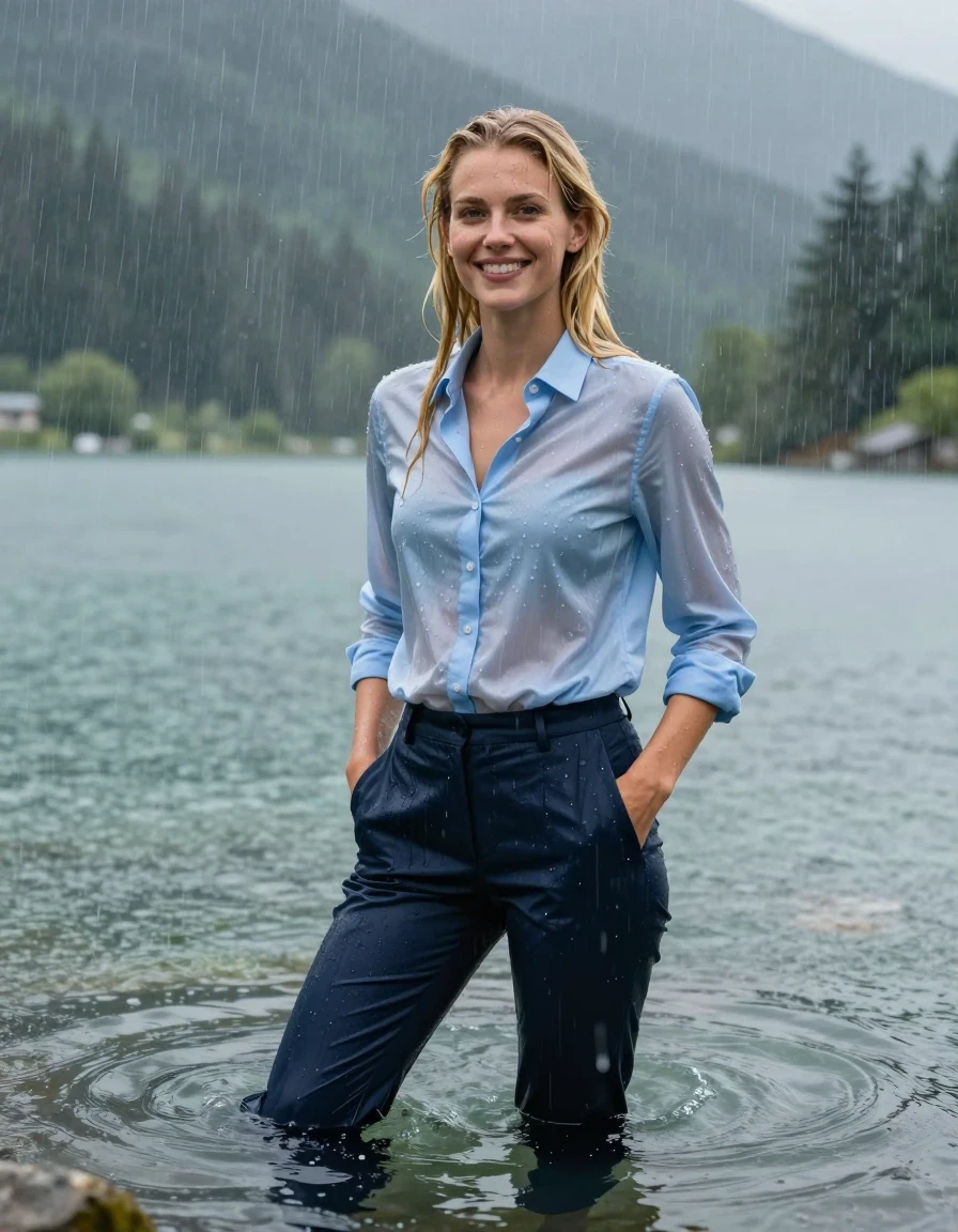 photo of young woman, in soaking wet, drenched clothes,
dark Blue Long Business Trouser, Light Blue button down business shirt longsleeve, Clear Mountain lake with heavy rain, heavy rainstorm, 
enjoying, wet clothes stuck to body,
detailed textures of the wet clothes, wet face, wet plastered hair,
wet, drenched, professional, high-quality details, full body view.
sharp focus, ultra-high pixel detail, realistic, high-quality, full colors, incredibly detailed, 4k, 8k, 16k, hyper-realistic, RAW photo, masterpiece, ultra-detailed, professionally color graded, professional photograph, 20 year young blonde girl, completely submerged, swimming in deep water, under a big rainshower, fully clothed, completely soaked, fully drenched, completely wet, wetlook, heavy rain, side parting, long hair, rain storm, looks happy into camera, wet skin, wet clothes, damp fabric, clinging to body, wet skin, wet clothes, damp fabric, wet skin, wet clothes, damp fabric, wet skin, wet clothes, damp fabric, translucend fabric,, wet skin, wet clothes, damp fabric, hands in pocket, wet skin, wet clothes, damp fabric