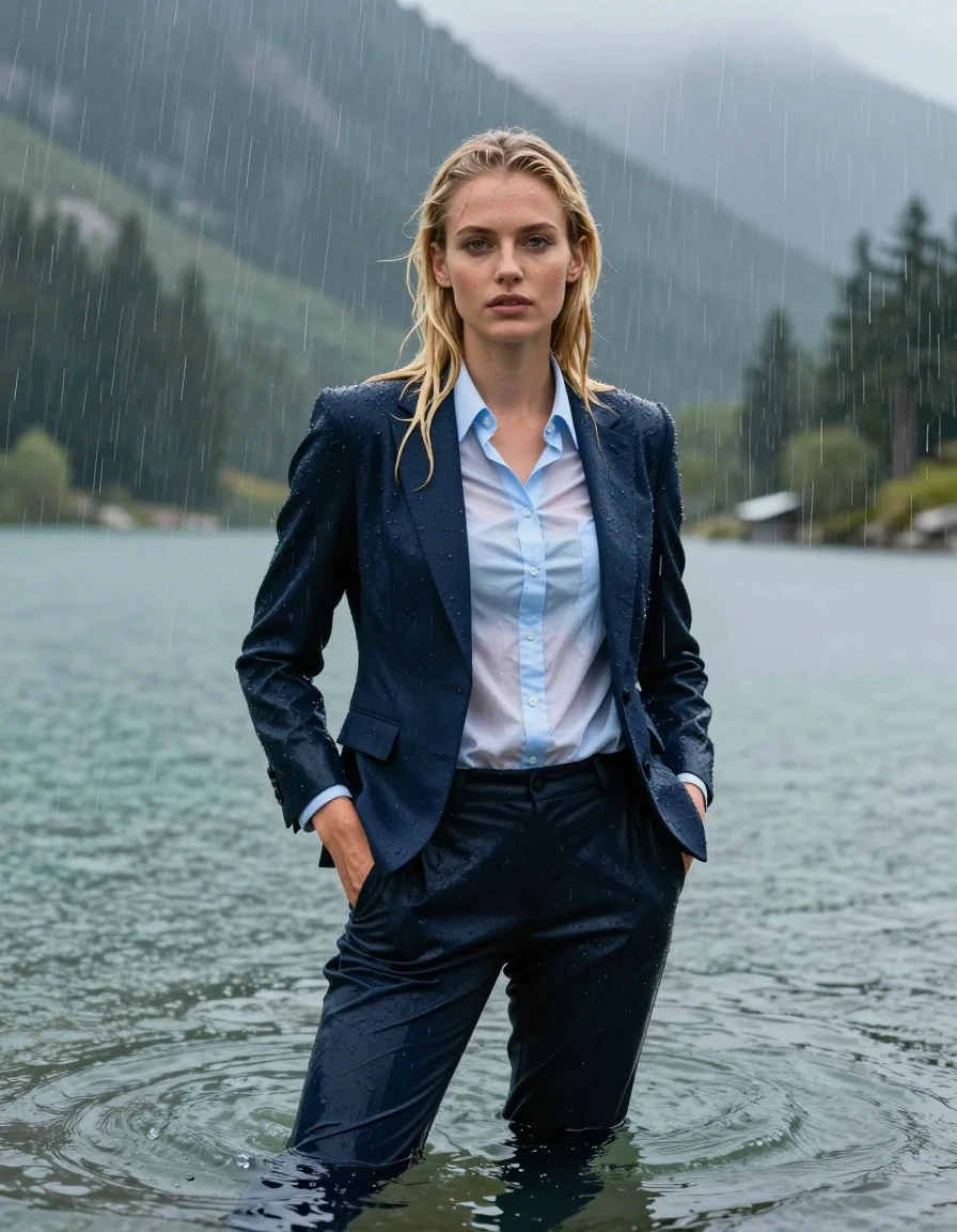 photo of young woman, in soaking wet, drenched clothes,
dark Blue Long Business Trouser, Dark Blue Business Suit Jacket with Light Blue button down business shirt longsleeve, Clear Mountain lake with heavy rain, heavy rainstorm, 
enjoying, wet clothes stuck to body,
detailed textures of the wet clothes, wet face, wet plastered hair,
wet, drenched, professional, high-quality details, full body view.
sharp focus, ultra-high pixel detail, realistic, high-quality, full colors, incredibly detailed, 4k, 8k, 16k, hyper-realistic, RAW photo, masterpiece, ultra-detailed, professionally color graded, professional photograph, 20 year young blonde girl, completely submerged, swimming in deep water, under a big rainshower, fully clothed, completely soaked, fully drenched, completely wet, wetlook, heavy rain, side parting, long hair, rain storm, looks into camera, wet skin, wet clothes, damp fabric, clinging to body, wet skin, wet clothes, damp fabric, wet skin, wet clothes, damp fabric, wet skin, wet clothes, damp fabric, translucend fabric,, wet skin, wet clothes, damp fabric, hands in pocket, wet skin, wet clothes, damp fabric
