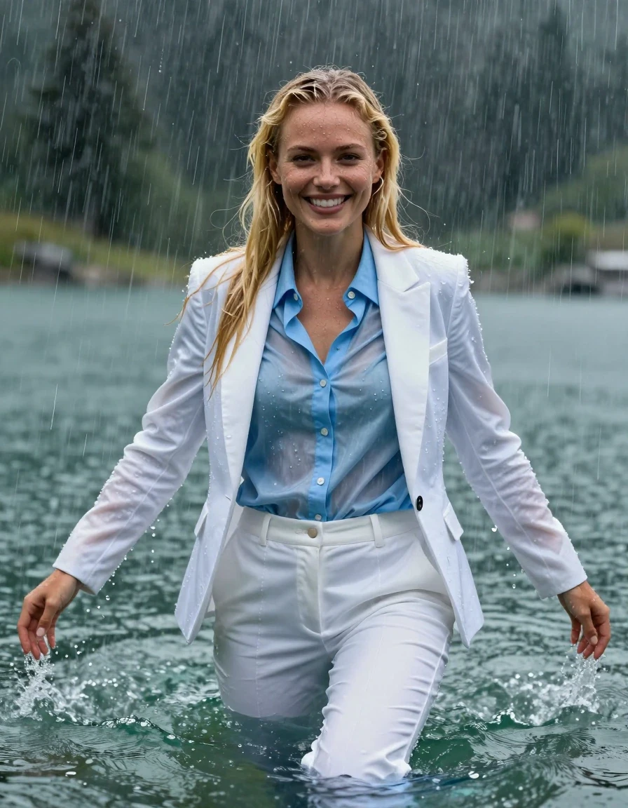A stunning young adult European woman with long blonde hair styled with a side parting, looking directly into the camera with a happy expression. She is completely submerged and swimming in a deep, clear mountain lake during a heavy, intense rainstorm. She is fully clothed in a white business suit jacket worn open, over a light blue long-sleeved button-down business shirt, and white long business trousers. The fabric of her clothing is completely soaked, drenched, and heavy, clinging tightly to her body with visible damp fabric texture and deep color saturation from the water. Her skin is glistening with a wet sheen, and her long hair is wet and cascading, explicitly avoiding any combed-back hair styles. The scene is set under a massive rainshower, with heavy droplets splashing the surface of the lake and drenching the subject. Cinematic lighting, photorealistic, high-detail wetlook, hyper-realistic water droplets, clinging wet textures, immersive underwater and surface interaction.