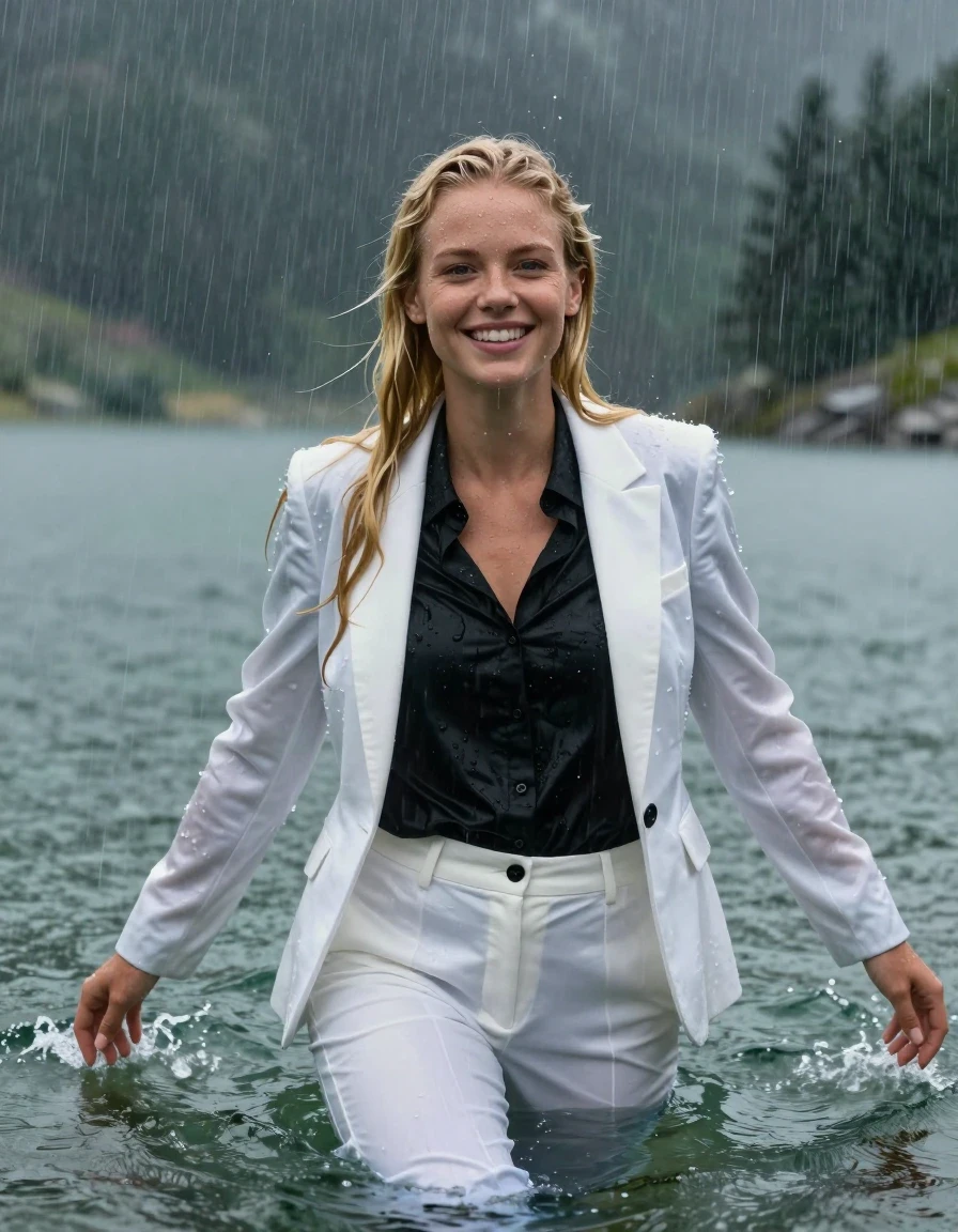 A stunning young adult European woman with long blonde hair styled with a side parting, not combed back, captured in a photorealistic cinematic shot. She is completely submerged and swimming in the deep, clear waters of a mountain lake during a heavy, torrential rainstorm. She is fully clothed, wearing a white business suit jacket left open, layered over a black long-sleeved button-down business shirt and white long business trousers. Every garment is completely soaked, drenched, and heavy, with the damp fabric clinging tightly to her body, showcasing realistic wet texture and dark, saturated colors. Her skin and hair are glistening with water, featuring a pronounced wetlook sheen. She is looking directly into the camera with a happy, radiant expression. The environment is dominated by the intense rain falling into the lake, creating ripples and a moody, atmospheric lighting. High-resolution, hyper-realistic, 8k, detailed skin texture, wet hair strands, heavy water droplets, dramatic storm lighting.