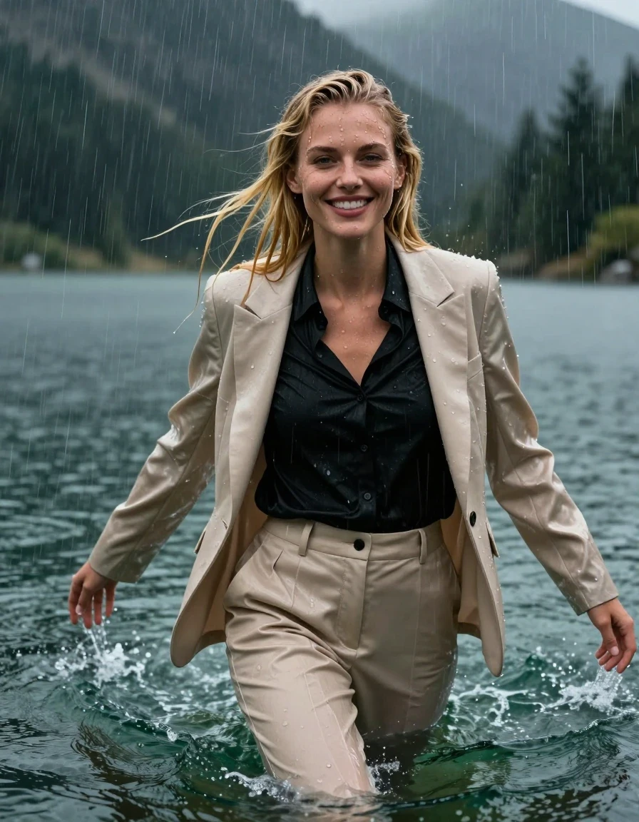 A stunning, photorealistic portrait of a young European woman with long blonde hair styled in a side parting, completely submerged and swimming in the deep, clear waters of a mountain lake during a violent rainstorm. She is fully clothed in a beige business suit jacket worn open over a black long-sleeved button-down business shirt and beige long business trousers. Everything is completely soaked and drenched; the fabric is heavy, translucent, and clinging tightly to her body, revealing the texture of the damp material. Her skin and hair are glistening with water sheen, with droplets cascading down her face. She has a happy, radiant expression, looking directly into the camera lens. The environment is dark and atmospheric, with heavy rain falling intensely onto the surface of the lake, creating ripples and mist. High-contrast lighting, cinematic composition, hyper-detailed wet skin and fabric textures, 8k resolution, professional photography.
