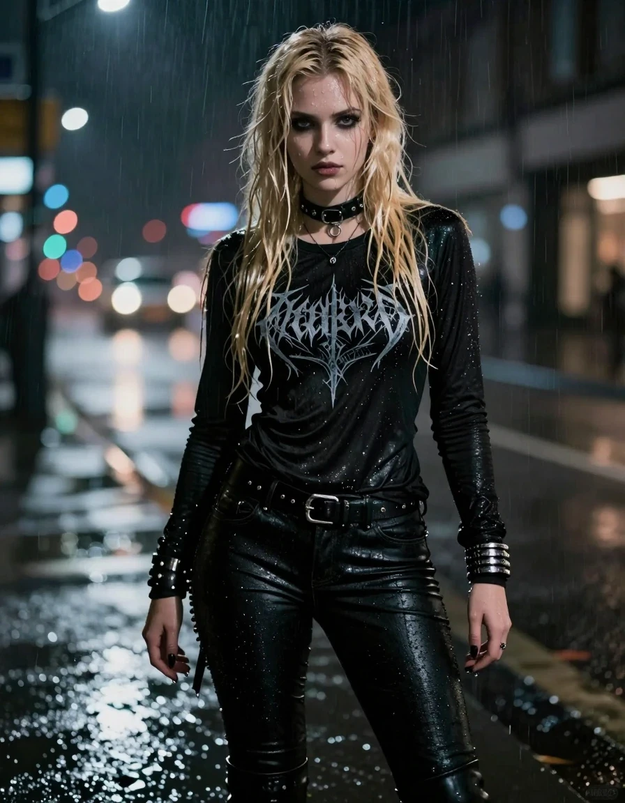 A stunning young adult European metalhead woman with long, wet, dripping blond hair, standing in a rainy city street at night. She is wearing a black long-sleeve shirt with a detailed band logo, tight black pants, and chunky goth boots. The clothing is visibly soaked, heavy, and clinging to her body with realistic dark fabric texture and water-saturated folds. She is adorned with a leather collar and metallic bracelets, her skin slick with rain and catching the city lights. The atmosphere is moody and cinematic, with water droplets streaming down her face and clothing. High-resolution photography, photorealistic, sharp focus, 8k, detailed skin texture, wet look, atmospheric lighting, urban environment.