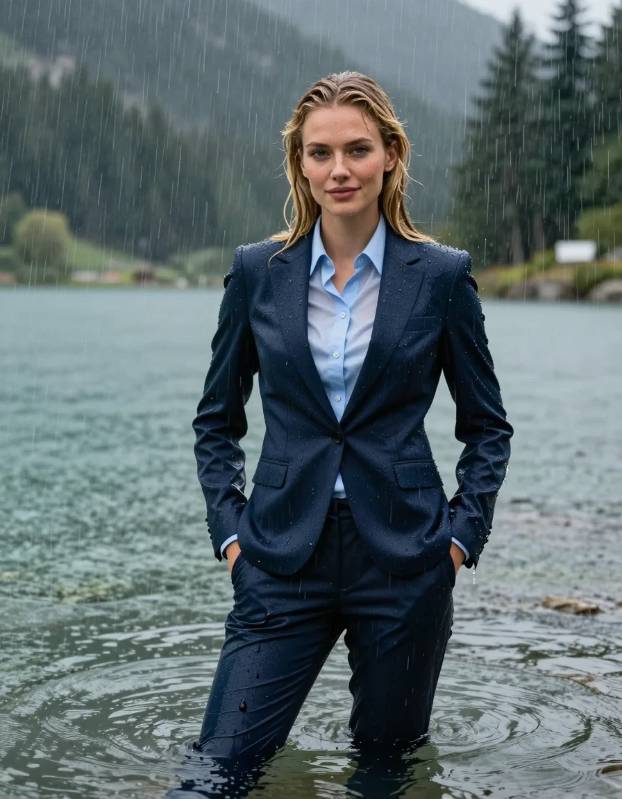 photo of young woman, in soaking wet, drenched clothes,
dark Blue Long Business Trouser, Dark Blue Business Suit Jacket with Light Blue button down business shirt longsleeve, Clear Mountain lake with heavy rain, heavy rainstorm, 
enjoying, wet clothes stuck to body,
detailed textures of the wet clothes, wet face, wet plastered hair,
wet, drenched, professional, high-quality details, full body view.
sharp focus, ultra-high pixel detail, realistic, high-quality, full colors, incredibly detailed, 4k, 8k, 16k, hyper-realistic, RAW photo, masterpiece, ultra-detailed, professionally color graded, professional photograph, 20 year young blonde girl, completely submerged, swimming in deep water, under a big rainshower, fully clothed, completely soaked, fully drenched, completely wet, wetlook, heavy rain, side parting, long hair, rain storm, looks into camera, wet skin, wet clothes, damp fabric, clinging to body, wet skin, wet clothes, damp fabric, wet skin, wet clothes, damp fabric, wet skin, wet clothes, damp fabric, translucend fabric,, wet skin, wet clothes, damp fabric, hands in pocket, smiles shyly, wet skin, wet clothes, damp fabric