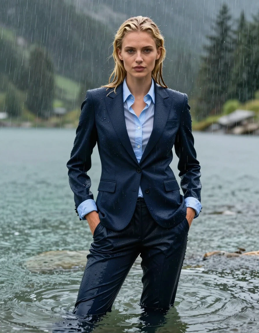photo of young woman, in soaking wet, drenched clothes,
dark Blue Long Business Trouser, Dark Blue Business Suit Jacket with Light Blue button down business shirt longsleeve, Clear Mountain lake with heavy rain, heavy rainstorm, 
enjoying, wet clothes stuck to body,
detailed textures of the wet clothes, wet face, wet plastered hair,
wet, drenched, professional, high-quality details, full body view.
sharp focus, ultra-high pixel detail, realistic, high-quality, full colors, incredibly detailed, 4k, 8k, 16k, hyper-realistic, RAW photo, masterpiece, ultra-detailed, professionally color graded, professional photograph, 20 year young blonde girl, completely submerged, swimming in deep water, under a big rainshower, fully clothed, completely soaked, fully drenched, completely wet, wetlook, heavy rain, side parting, long hair, rain storm, looks into camera, wet skin, wet clothes, damp fabric, clinging to body, wet skin, wet clothes, damp fabric, wet skin, wet clothes, damp fabric, wet skin, wet clothes, damp fabric, translucend fabric,, wet skin, wet clothes, damp fabric, hands in pocket, wet skin, wet clothes, damp fabric