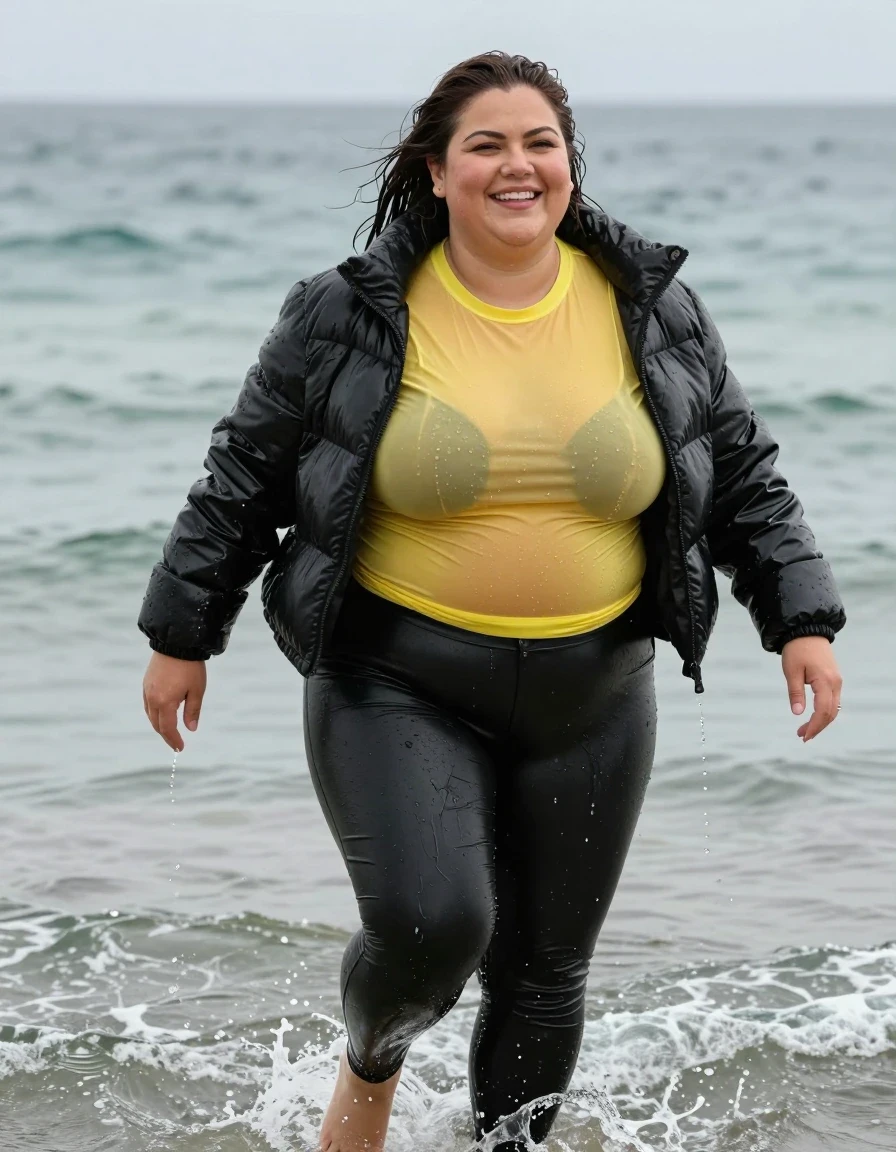 photo of young woman, in soaking wet, drenched clothes,
high heels, leather leggings, yellow transparent t-shirt, black wet shiny pvc puffer jacket, Swimming in sea smiling, 
enjoying, wet clothes stuck to body,
detailed textures of the wet clothes, wet face, wet plastered hair,
wet, drenched, professional, high-quality details, full body view.
sharp focus, ultra-high pixel detail, realistic, high-quality, full colors, incredibly detailed, 4k, 8k, 16k, hyper-realistic, RAW photo, masterpiece, ultra-detailed, professionally color graded, professional photograph, fat, ebony mature, very big boobs, wet skin, wet clothes, damp fabric, wet skin, wet clothes, damp fabric