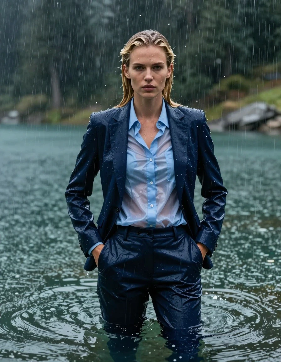 A photorealistic medium shot of a young adult European woman with blonde hair in a side parting, completely submerged while swimming in a deep, clear mountain lake during a heavy rainstorm. She is fully clothed in a dark blue business suit jacket worn over a light blue long-sleeved button-down business shirt, paired with matching dark blue long business trousers. Her clothes are completely soaked, drenched, and heavy with water, exhibiting a distinct wetlook with damp fabric clinging tightly to her body, creating translucent effects where the material adheres to her skin. She has wet skin, wet hair, and water sheen across her face and clothes. She is looking directly into the camera with her hands inside her jacket pockets, the jacket left open. The scene is set in a dramatic, dark, and moody environment with heavy rain falling into the lake, creating ripples on the water surface. High-contrast lighting, hyper-realistic textures, 8k resolution, cinematic atmosphere, sharp focus on the subject, wet fabric details, heavy rain droplets splashing.