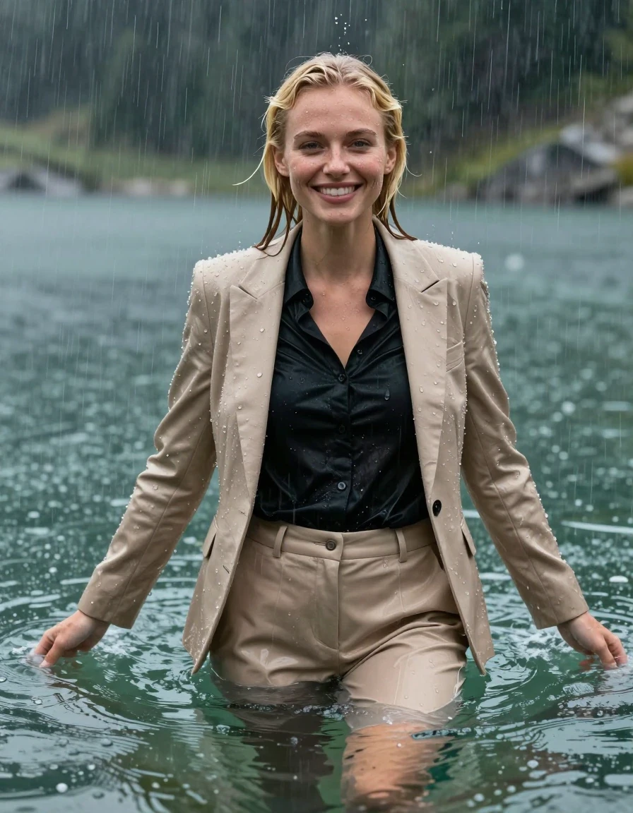 A stunning, photorealistic portrait of a young European blonde woman with a side-parted hairstyle, completely submerged and swimming in a deep, clear mountain lake during a torrential rainstorm. She is fully clothed in a beige business suit jacket worn open over a black long-sleeved button-down business shirt and beige long business trousers. Every element is intensely wet: her hair is plastered to her head, her skin has a realistic water sheen, and her clothes are completely drenched, heavy with water, clinging tightly to her body with visible damp fabric textures and translucent areas revealing the soaked layers beneath. She is looking directly into the camera with a happy, radiant expression. The surrounding environment features heavy rain falling into the lake, creating ripples and mist. High-detail photography, cinematic lighting, hyper-realistic water droplets, wetlook aesthetic, sharp focus, 8k resolution, dramatic atmosphere.