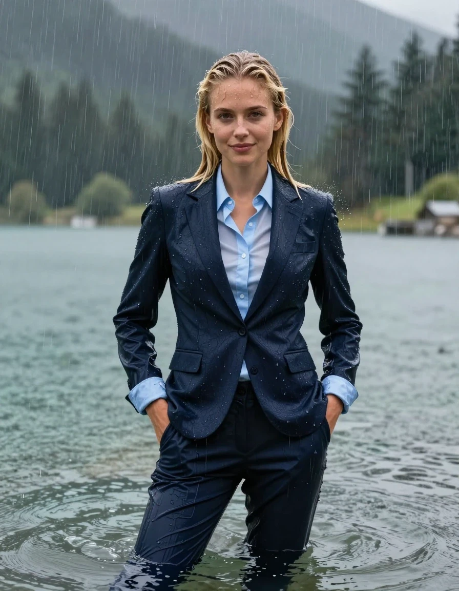 photo of young woman, in soaking wet, drenched clothes,
dark Blue Long Business Trouser, Dark Blue Business Suit Jacket with Light Blue button down business shirt longsleeve, Clear Mountain lake with heavy rain, heavy rainstorm, 
enjoying, wet clothes stuck to body,
detailed textures of the wet clothes, wet face, wet plastered hair,
wet, drenched, professional, high-quality details, full body view.
sharp focus, ultra-high pixel detail, realistic, high-quality, full colors, incredibly detailed, 4k, 8k, 16k, hyper-realistic, RAW photo, masterpiece, ultra-detailed, professionally color graded, professional photograph, 20 year young blonde girl, completely submerged, swimming in deep water, under a big rainshower, fully clothed, completely soaked, fully drenched, completely wet, wetlook, heavy rain, side parting, long hair, rain storm, looks into camera, wet skin, wet clothes, damp fabric, clinging to body, wet skin, wet clothes, damp fabric, wet skin, wet clothes, damp fabric, wet skin, wet clothes, damp fabric, translucend fabric,, wet skin, wet clothes, damp fabric, hands in pocket, smiles shyly, wet skin, wet clothes, damp fabric
