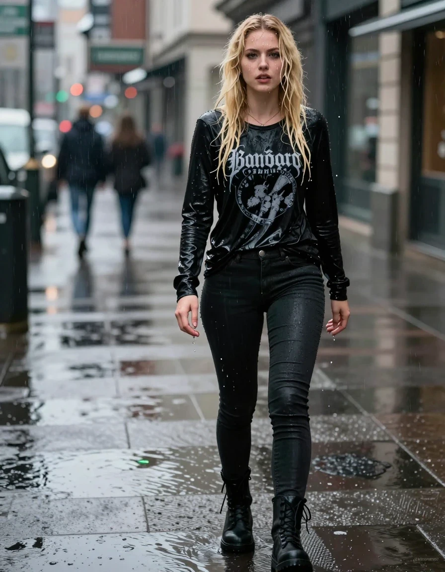 photo of young woman, in soaking wet, drenched clothes,
goth boots, tight black pants, black longsleeve with band logo, city, 
enjoying, wet clothes stuck to body,
detailed textures of the wet clothes, wet face, wet plastered hair,
wet, drenched, professional, high-quality details, full body view.
sharp focus, ultra-high pixel detail, realistic, high-quality, full colors, incredibly detailed, 4k, 8k, 16k, hyper-realistic, RAW photo, masterpiece, ultra-detailed, professionally color graded, professional photograph, A photorealistic portrait of a beautiful young woman with long blonde hair, standing in a rainy city street. She is completely drenched, with water droplets clinging to her skin and her hair matted and heavy with moisture. She is wearing a black longsleeve shirt featuring a weathered band logo, the fabric visibly dripping wet and glossy, and clinging to her body, paired with  loose black jeans that  is dripping wet and glossy.  The atmosphere is moody and cinematic, with the rain creating a reflective, shimmering surface on the city pavement. Sharp focus, 8k resolution, highly detailed texture on fabric and skin, dramatic street lighting, hyper-realistic water effects., wet skin, wet clothes, damp fabric