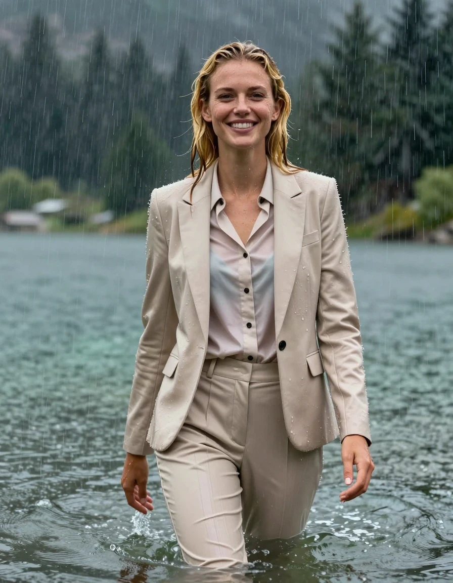 photo of young woman, in soaking wet, drenched clothes,
beige Long Business Trouser, Beige Business Suit Jacket with black button down business shirt longsleeve, Clear Mountain lake with heavy rain, heavy rainstorm, 
enjoying, wet clothes stuck to body,
detailed textures of the wet clothes, wet face, wet plastered hair,
wet, drenched, professional, high-quality details, full body view.
sharp focus, ultra-high pixel detail, realistic, high-quality, full colors, incredibly detailed, 4k, 8k, 16k, hyper-realistic, RAW photo, masterpiece, ultra-detailed, professionally color graded, professional photograph, blonde girl, completely submerged, swimming in deep water, under a big rainshower, fully clothed, completely soaked, fully drenched, completely wet, wetlook, heavy rain, side parting, long hair, rain storm, looks into camera, wet skin, wet clothes, damp fabric, clinging to body, wet skin, wet clothes, damp fabric, wet skin, wet clothes, damp fabric, wet skin, wet clothes, damp fabric, translucend fabric,, wet skin, wet clothes, damp fabric, open jacket, happy look, wet skin, wet clothes, damp fabric