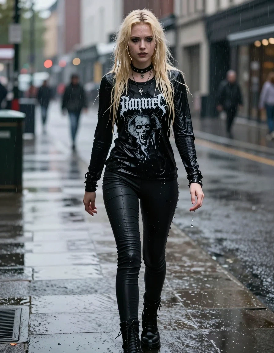 photo of young woman, in soaking wet, drenched clothes,
goth boots, tight black pants, black longsleeve with band logo, city, 
enjoying, wet clothes stuck to body,
detailed textures of the wet clothes, wet face, wet plastered hair,
wet, drenched, professional, high-quality details, full body view.
sharp focus, ultra-high pixel detail, realistic, high-quality, full colors, incredibly detailed, 4k, 8k, 16k, hyper-realistic, RAW photo, masterpiece, ultra-detailed, professionally color graded, professional photograph, A photorealistic portrait of a beautiful young adult European metalhead woman with long blonde hair, standing in a rainy city street. She is completely drenched, with water droplets clinging to her skin and her hair matted and heavy with moisture. She is wearing a black longsleeve shirt featuring a weathered band logo, the fabric visibly dripping wet and glossy, and clinging to her body, paired with tight black pants that have is dripping wet and glossy. She is wearing heavy goth boots, a leather collar, and metal bracelets. The atmosphere is moody and cinematic, with the rain creating a reflective, shimmering surface on the city pavement. Sharp focus, 8k resolution, highly detailed texture on fabric and skin, dramatic street lighting, hyper-realistic water effects., wet skin, wet clothes, damp fabric