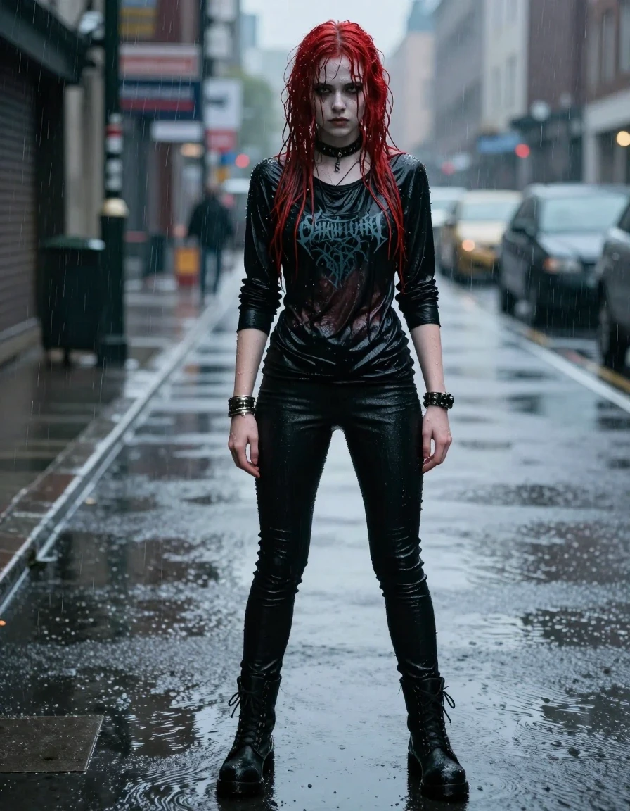 A stunning young adult European woman with vibrant red hair standing in a rain-drenched city street. She is completely soaked, with water droplets clinging to her pale, glistening skin and her damp red hair plastered to her head. She is wearing a black long-sleeve shirt featuring a band logo, the fabric visibly saturated, darkened, and clinging to her form, paired with tight black pants that appear heavy and soaked from the downpour. She wears a gothic collar and metallic bracelets, and her feet are clad in heavy, wet gothic boots. The atmosphere is melancholic and moody, with rain falling heavily around her, creating a reflective sheen on the pavement. Photorealistic, cinematic lighting, sharp focus on subject, 8k resolution, highly detailed texture of wet fabric and skin, dramatic urban environment.