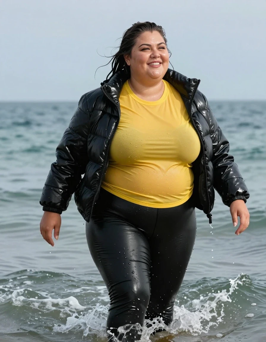 photo of young woman, in soaking wet, drenched clothes,
high heels, leather leggings, yellow transparent t-shirt, black wet shiny pvc puffer jacket, Swimming in sea smiling, 
enjoying, wet clothes stuck to body,
detailed textures of the wet clothes, wet face, wet plastered hair,
wet, drenched, professional, high-quality details, full body view.
sharp focus, ultra-high pixel detail, realistic, high-quality, full colors, incredibly detailed, 4k, 8k, 16k, hyper-realistic, RAW photo, masterpiece, ultra-detailed, professionally color graded, professional photograph, fat, ebony mature, very big boobs, wet skin, wet clothes, damp fabric, wet skin, wet clothes, damp fabric