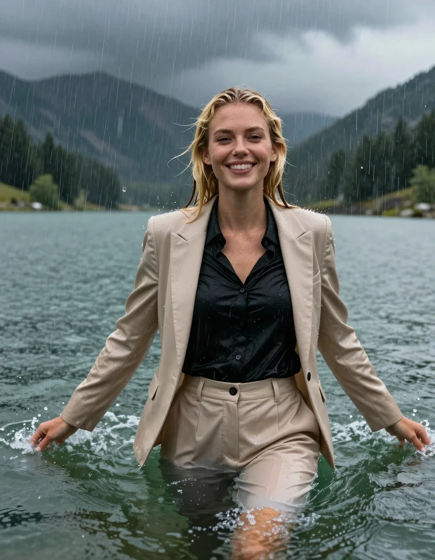 A stunning young European woman with long blonde hair styled in a side parting, completely submerged and swimming in a deep, clear mountain lake during a torrential rainstorm. She is fully clothed in a beige business suit jacket worn open over a black long-sleeved button-down business shirt and matching beige long business trousers. Her appearance is intensely wet, with drenched hair clinging to her face, glistening wet skin, and heavy, soaked fabric that clings to her body, highlighting the textures and translucency of the damp materials. She looks directly into the camera with a happy, radiant expression despite the heavy rain falling around her. The environment is a dramatic mountain lake under dark, moody storm clouds with visible heavy rain droplets splashing on the water surface. Cinematic lighting, photorealistic, hyper-detailed, high-contrast, water sheen, wet look, 8k resolution, professional photography.