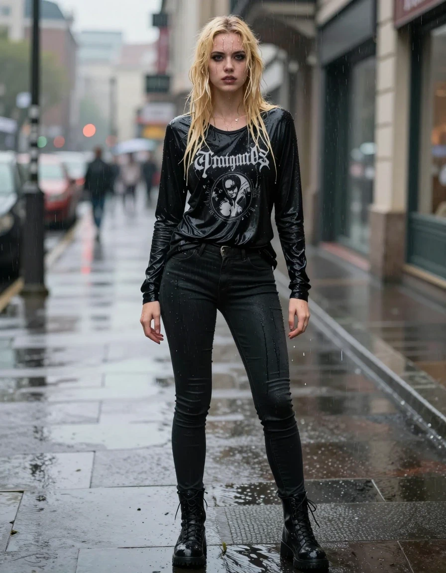 photo of young woman, in soaking wet, drenched clothes,
goth boots, tight black pants, black longsleeve with band logo, city, 
enjoying, wet clothes stuck to body,
detailed textures of the wet clothes, wet face, wet plastered hair,
wet, drenched, professional, high-quality details, full body view.
sharp focus, ultra-high pixel detail, realistic, high-quality, full colors, incredibly detailed, 4k, 8k, 16k, hyper-realistic, RAW photo, masterpiece, ultra-detailed, professionally color graded, professional photograph, A photorealistic portrait of a beautiful young woman with long blonde hair, standing in a rainy city street. She is completely drenched, with water droplets clinging to her skin and her hair matted and heavy with moisture. She is wearing a black longsleeve shirt featuring a weathered band logo, the fabric visibly dripping wet and glossy, and clinging to her body, paired with  loose black jeans that  is dripping wet and the fabric glisten in the daylight.  The atmosphere is moody and cinematic, with the rain creating a reflective, shimmering surface on the city pavement. Sharp focus, 8k resolution, highly detailed texture on fabric and skin, dramatic street lighting, hyper-realistic water effects., wet skin, wet clothes, damp fabric