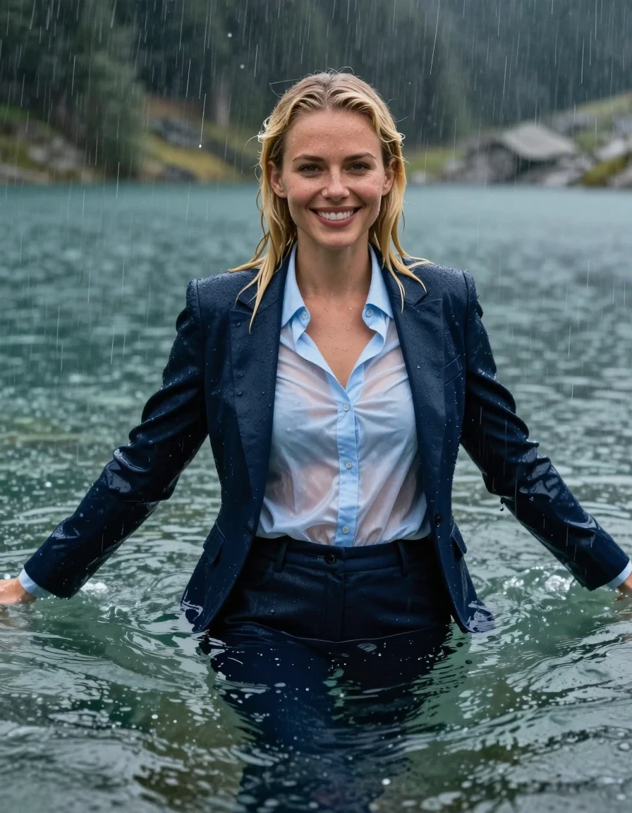 A photorealistic medium shot of a young adult European woman with long blonde hair styled in a side parting, completely submerged while swimming in a deep, clear mountain lake. She is fully clothed, wearing a dark blue business suit jacket left open over a light blue long-sleeved button-down business shirt, paired with dark blue long business trousers. The fabric of her clothes is heavily soaked, drenched, and clinging to her body, showing translucent textures and damp folds due to the water. She is positioned under a heavy rainstorm, with visible raindrops falling into the lake around her, creating ripples and water sheen on her wet skin and hair. She is looking directly into the camera with a happy expression, her arms crossed behind her back, floating in the water. The lighting is moody and atmospheric, reflecting the overcast sky of the storm, with high-detail textures on the wet fabric and glistening skin, cinematic composition.