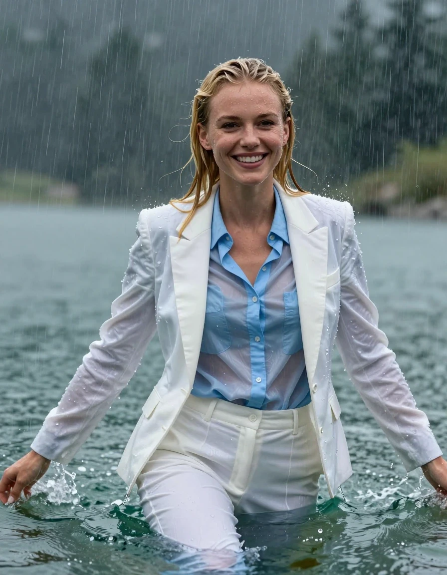A stunning young adult European woman with long blonde hair styled with a side parting, looking directly into the camera with a happy expression. She is completely submerged and swimming in the deep, clear water of a mountain lake during a heavy, intense rainstorm. She is fully clothed in a soaked white business suit jacket worn open, a light blue long-sleeved button-down business shirt, and white long business trousers. Her clothes are completely drenched, heavy with water, and clinging tightly to her body, exhibiting realistic damp fabric textures, darkened tones, and deep folds. Her skin and hair are glistening with water sheen, completely wet and dripping from the heavy rain falling around her. The scene captures a high-detail wetlook aesthetic, with water droplets splashing on the surface of the lake, atmospheric rain-filled lighting, and a sharp focus on the subject's drenched appearance. No combed-back hair, clear facial features, cinematic photography, hyper-realistic textures.